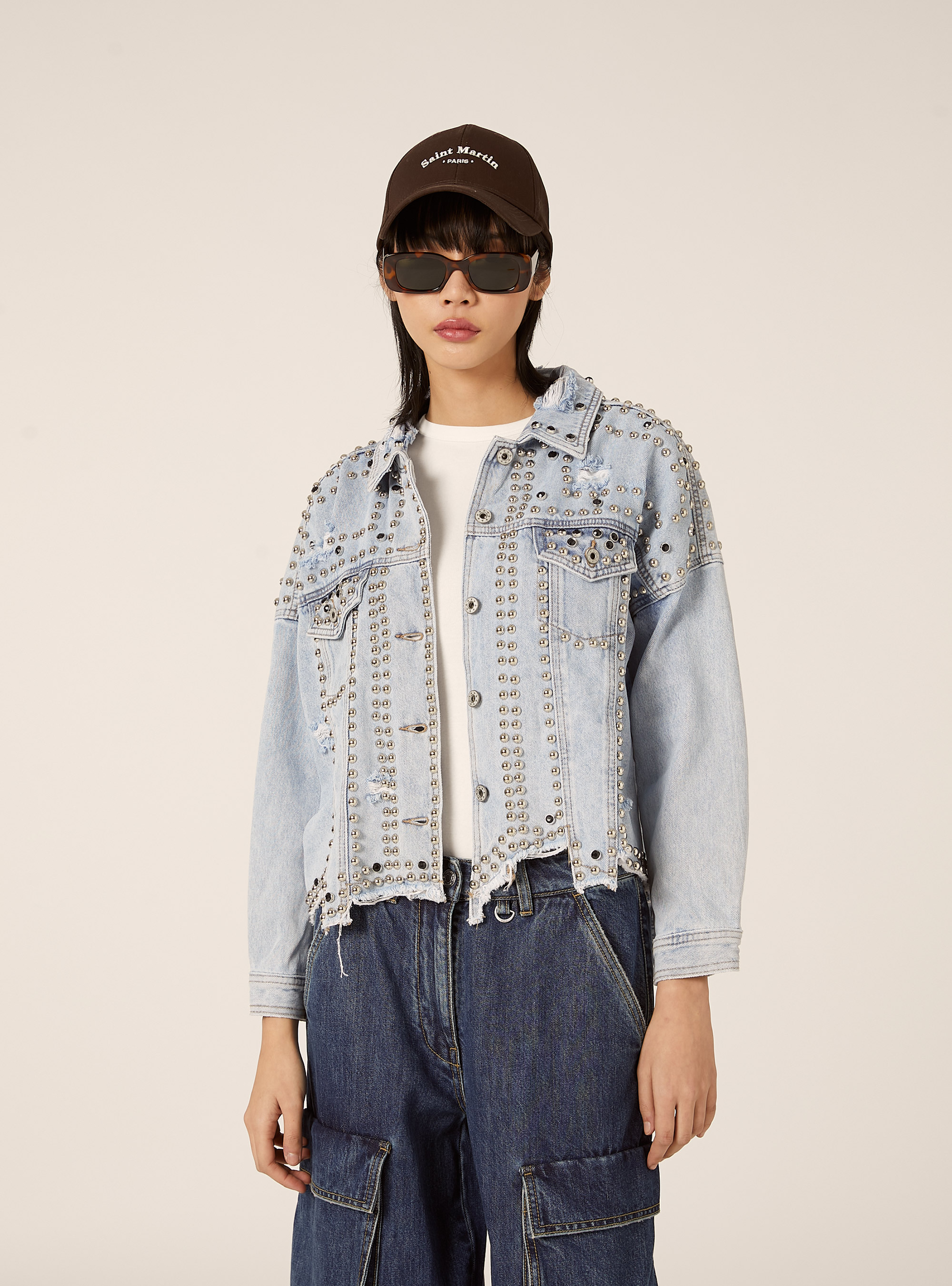 Giacca in denim con borchie, D007 LIGHT AZURE