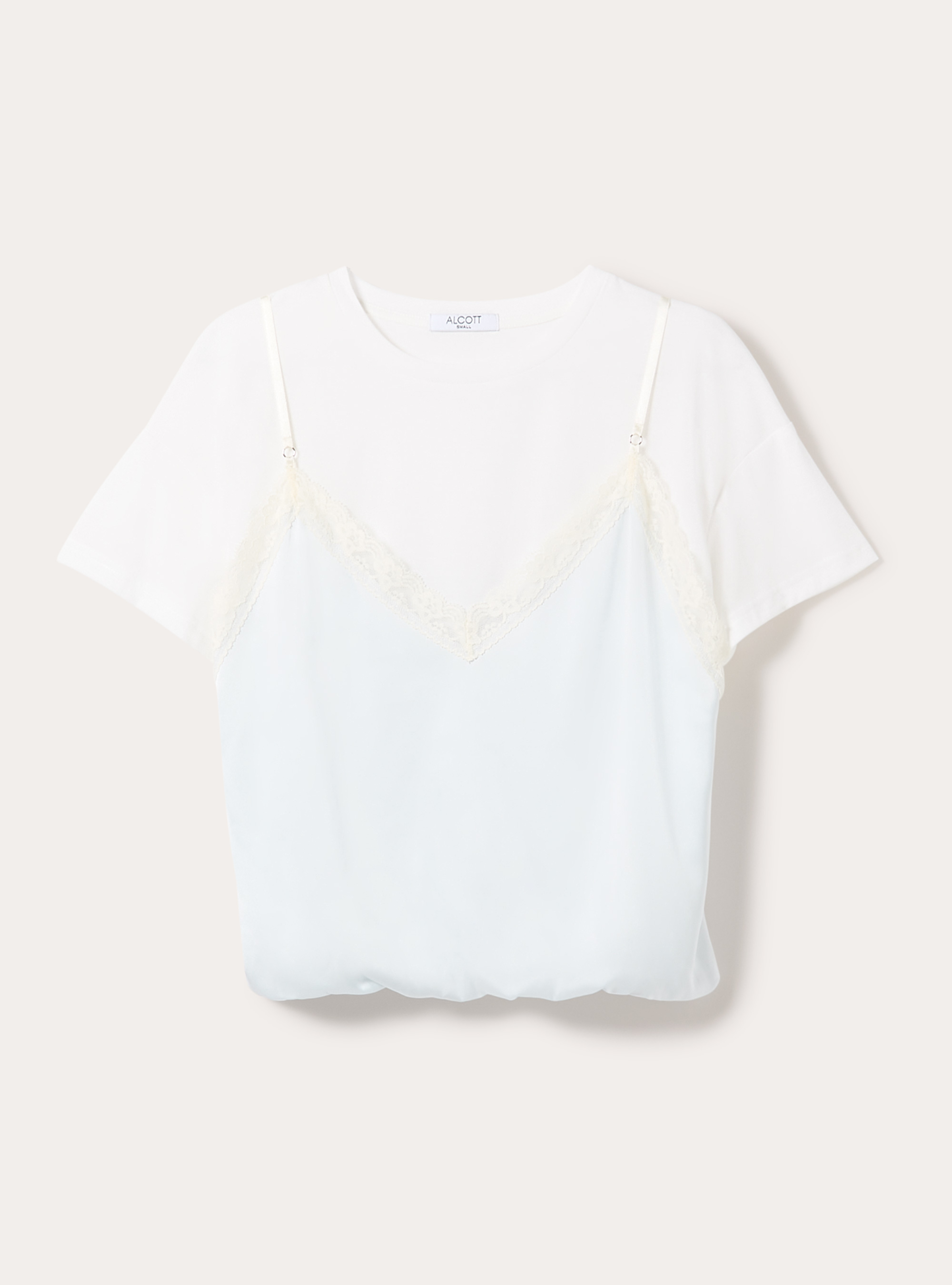 T-shirt combinata con top satin in pizzo, WH1 OFF WHITE