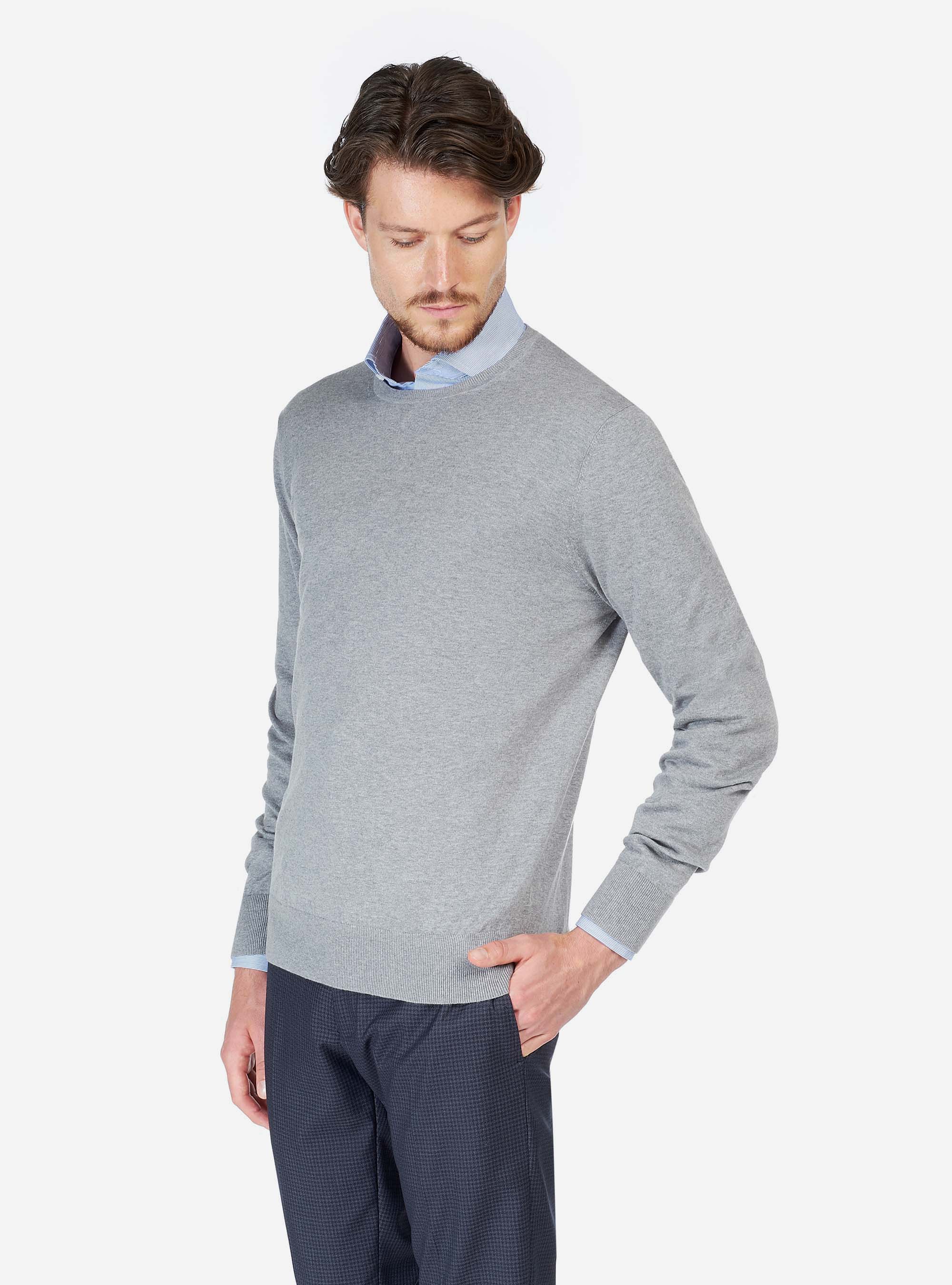 CASHMERE COTTON ROUND NECK SWEATER, C150 GREY M