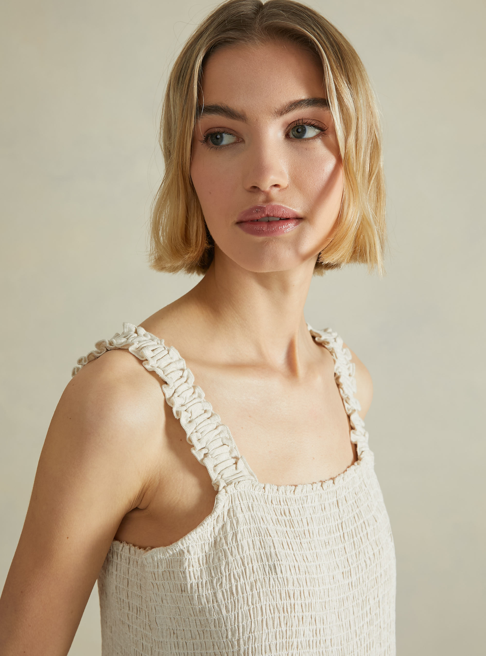 Vestito midi in misto lino, BG3 BEIGE LIGHT