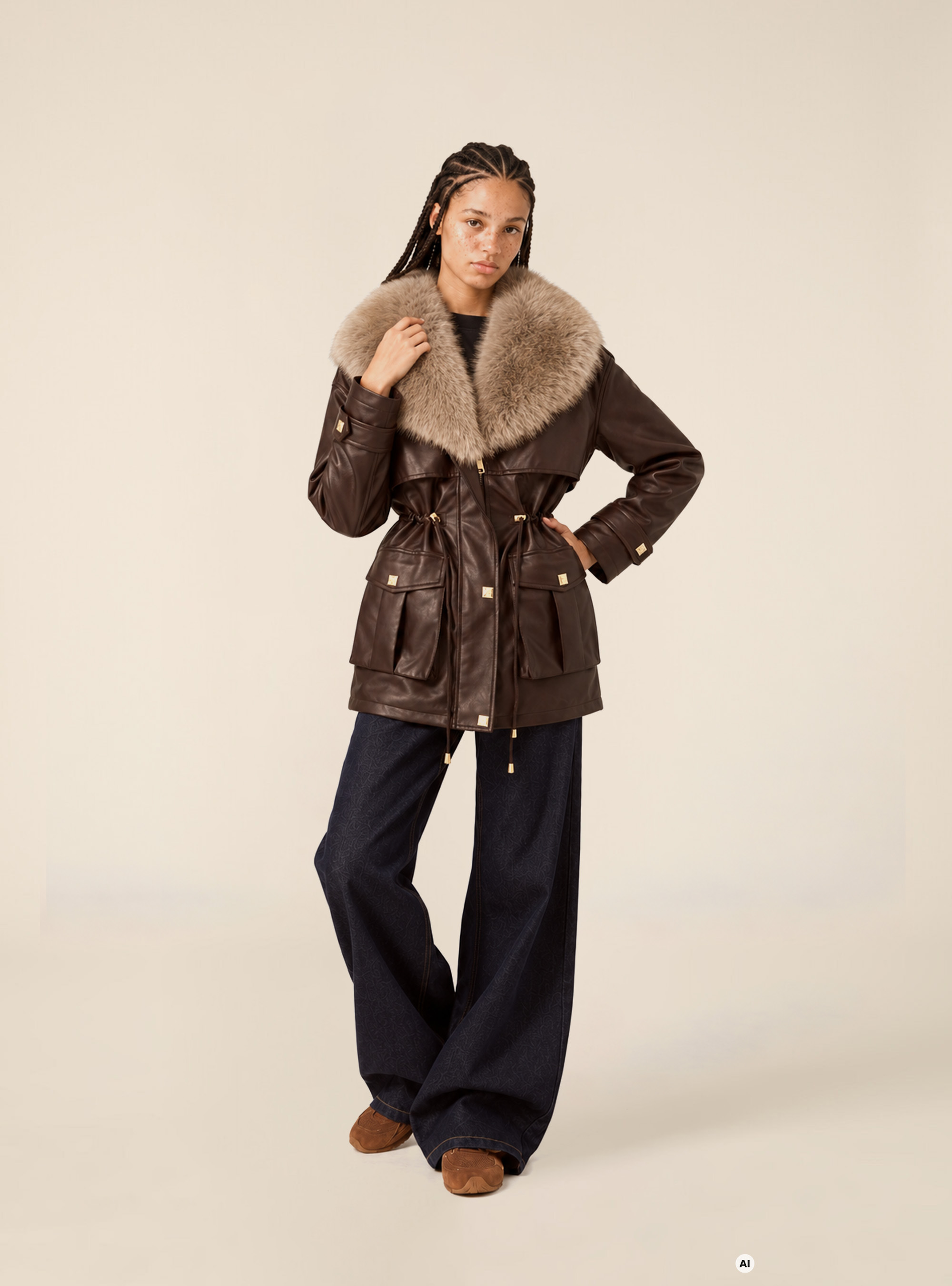 Faux leather jacket with faux fur collar, BR1 BROWN DARK