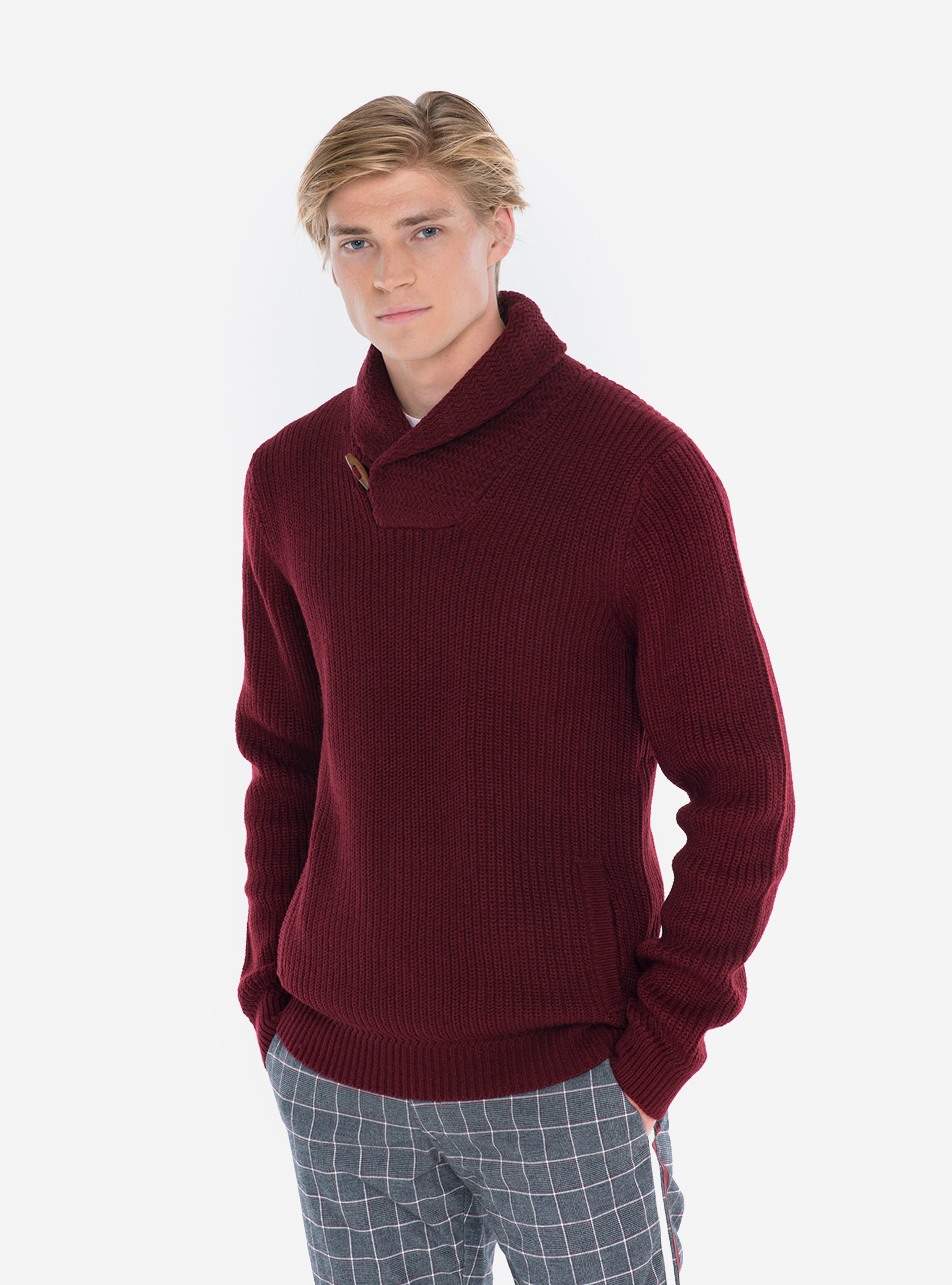 PULLOVER WITH SHAWL COLLAR, BORDEAUX