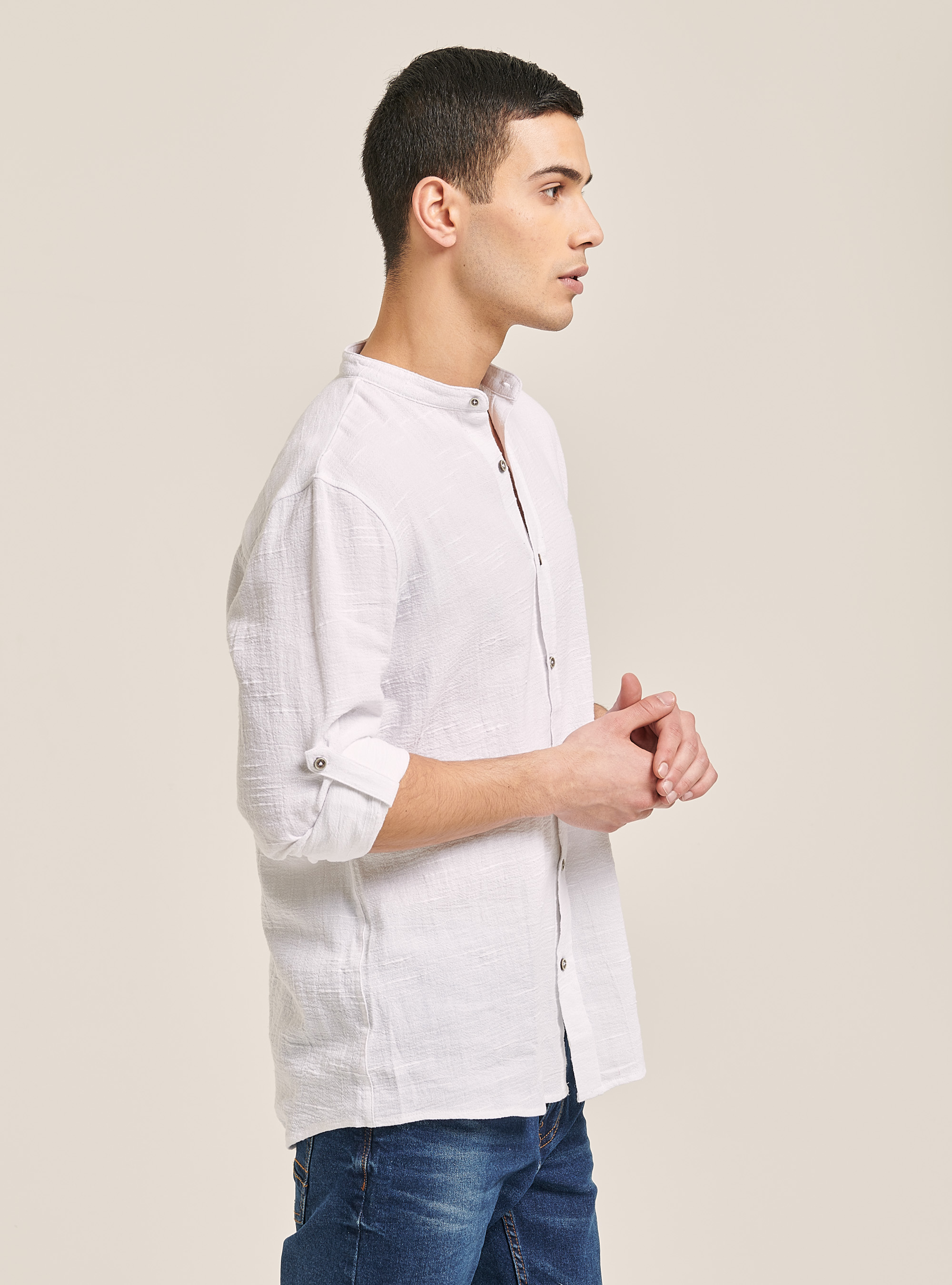 Chemise en lin mélangé avec col coréen, C099 WHITE