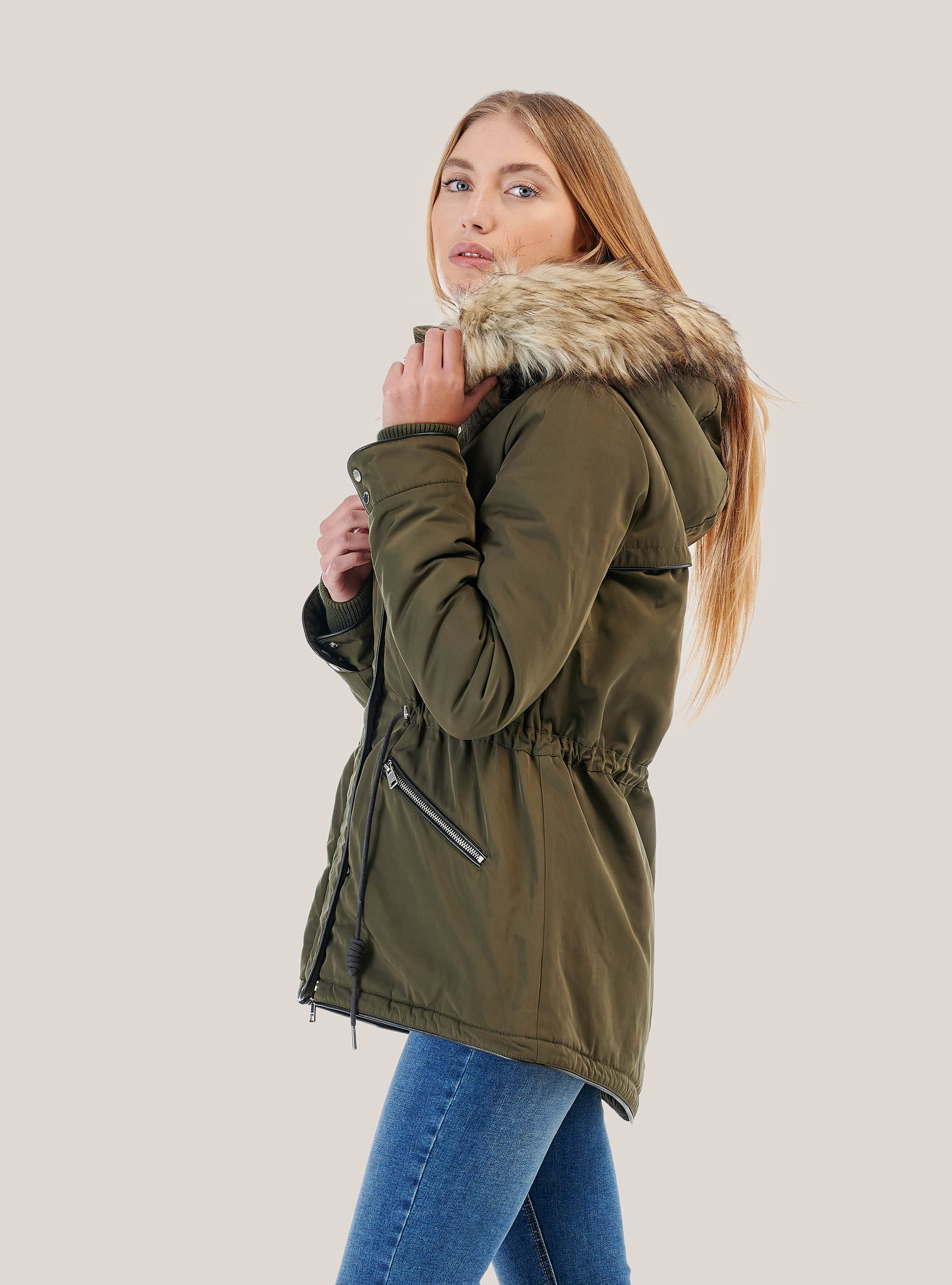 Parka con fodera animalier, C614 KAKY