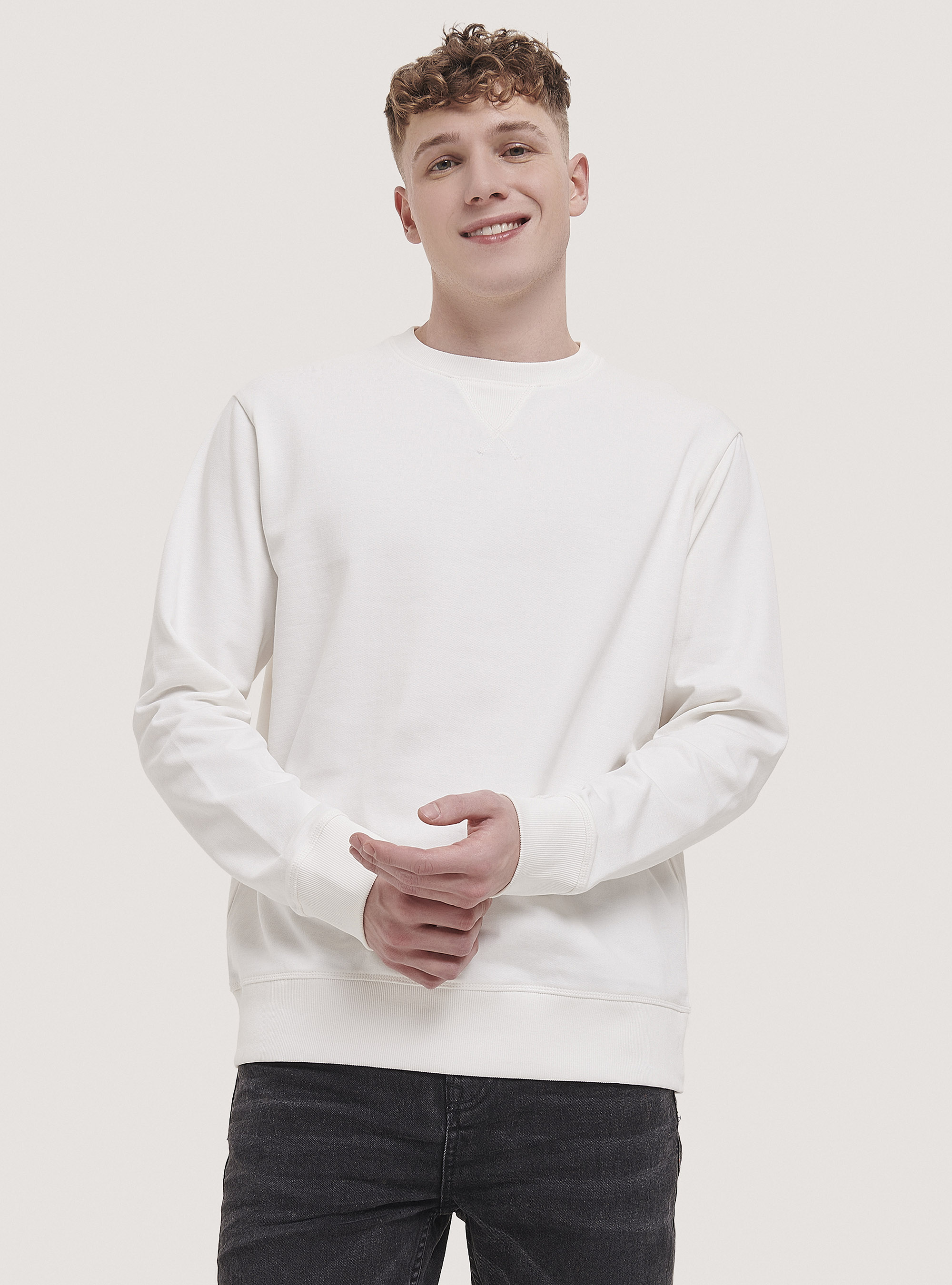 Sweat-shirt basique en coton &agrave; col rond, C0020 OFF WHITE