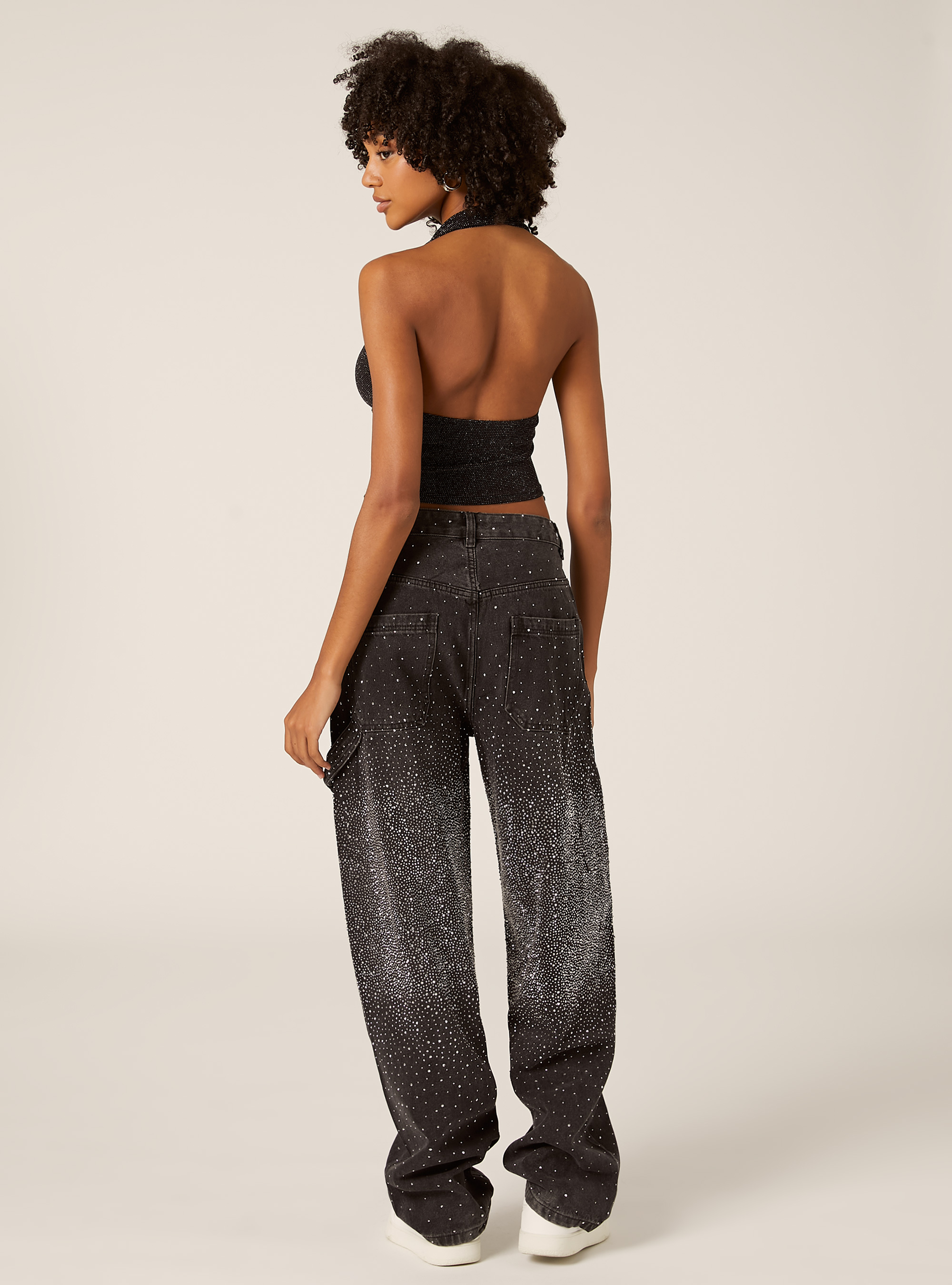 Halter top with rhinestones, BK1 BLACK