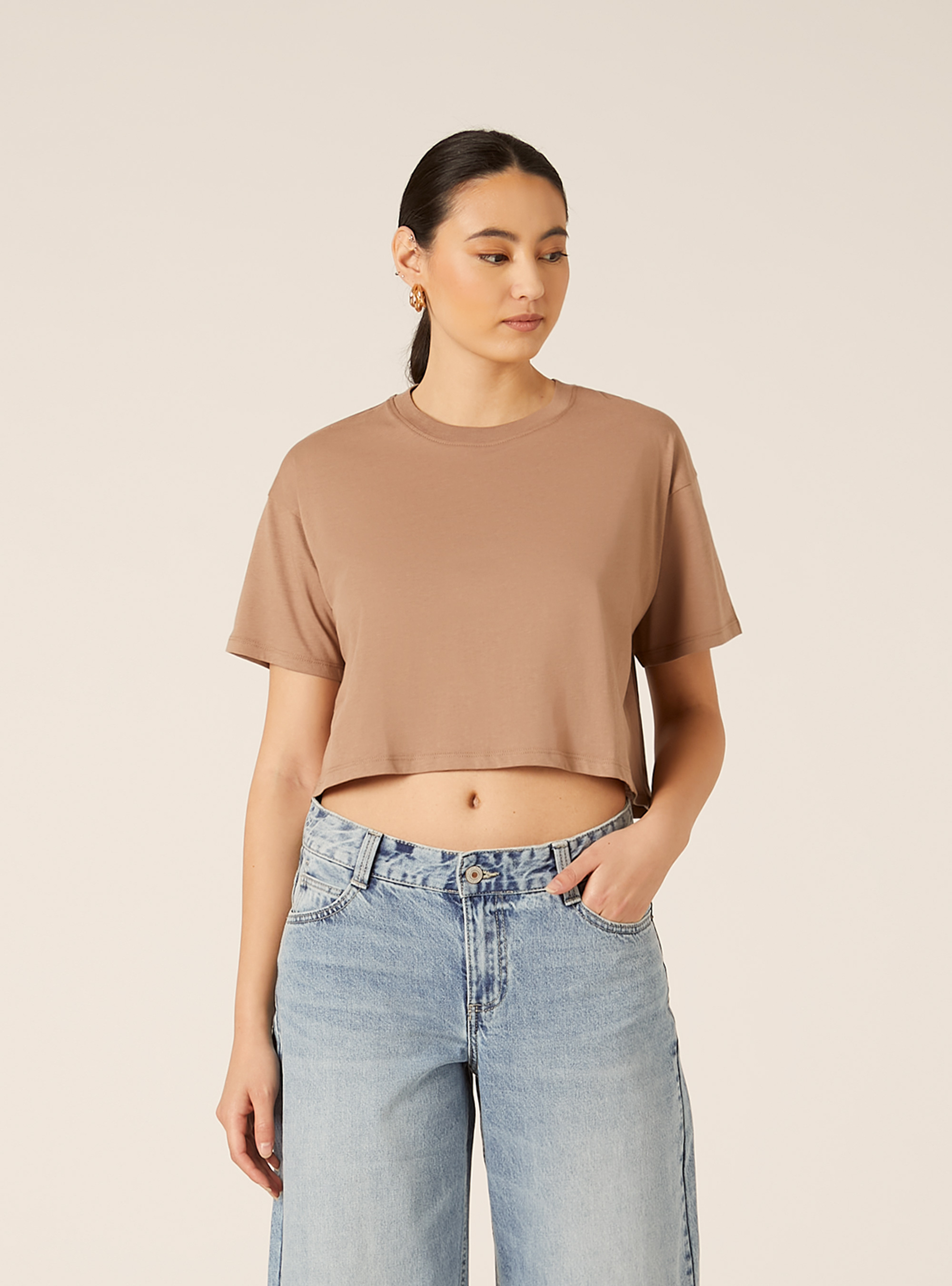 T-shirt crop over tinta unita, BR3 BROWN LIGHT