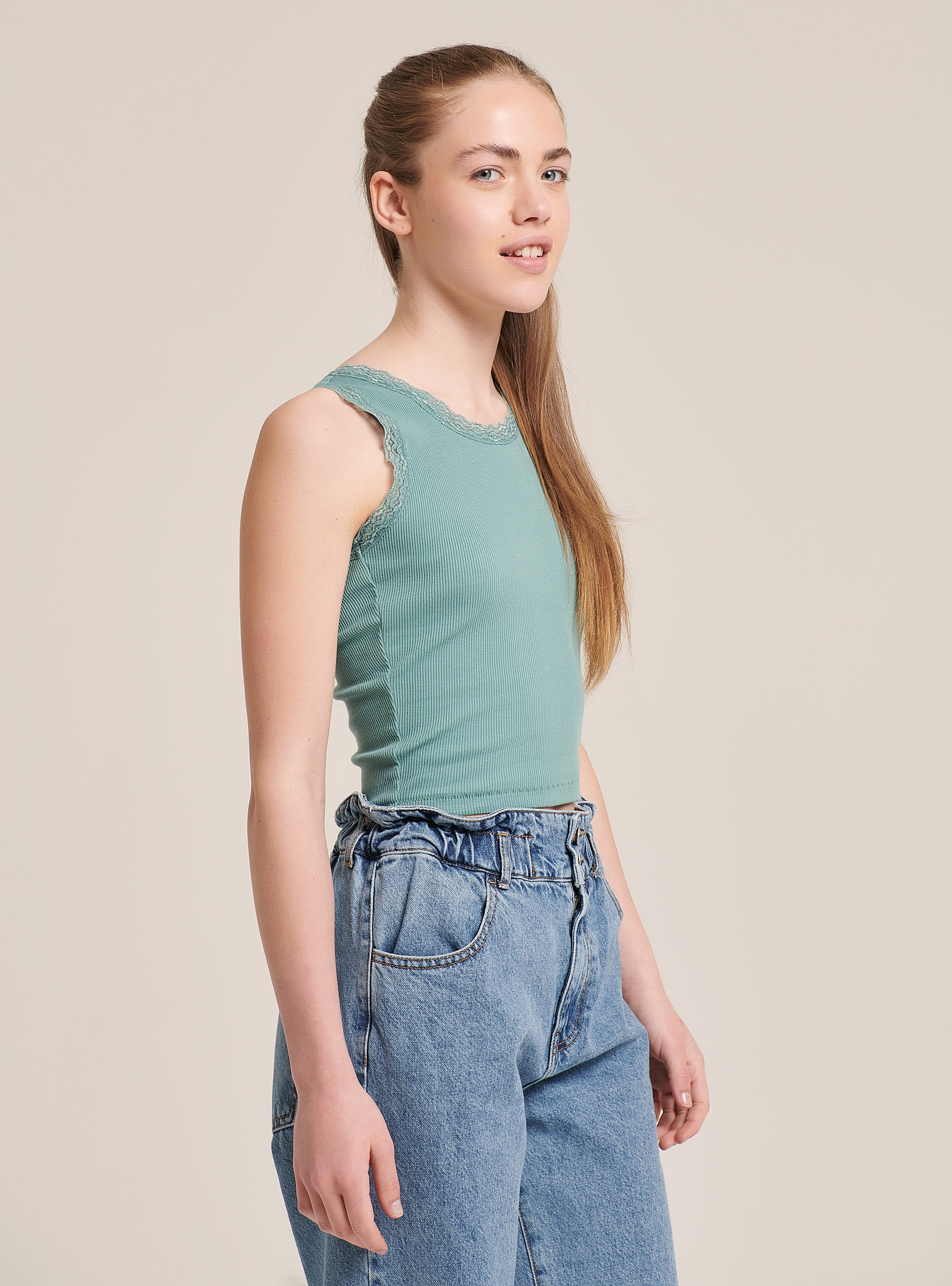 Basic cotton tank top with lace trim, C6595 GREEN.