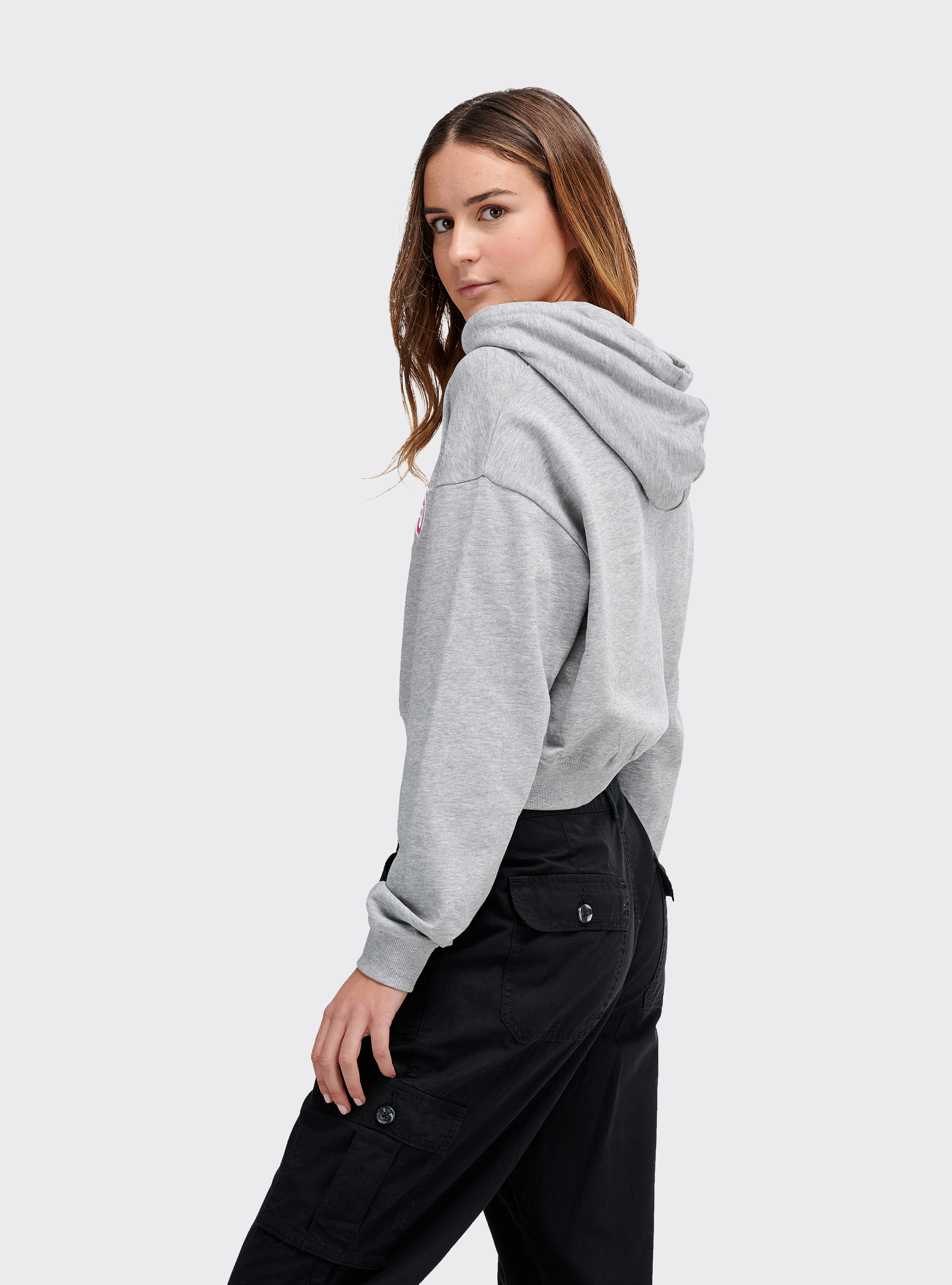 Felpa cropped con cappuccio e stampa, GRIGIO CHIARO MELANGE