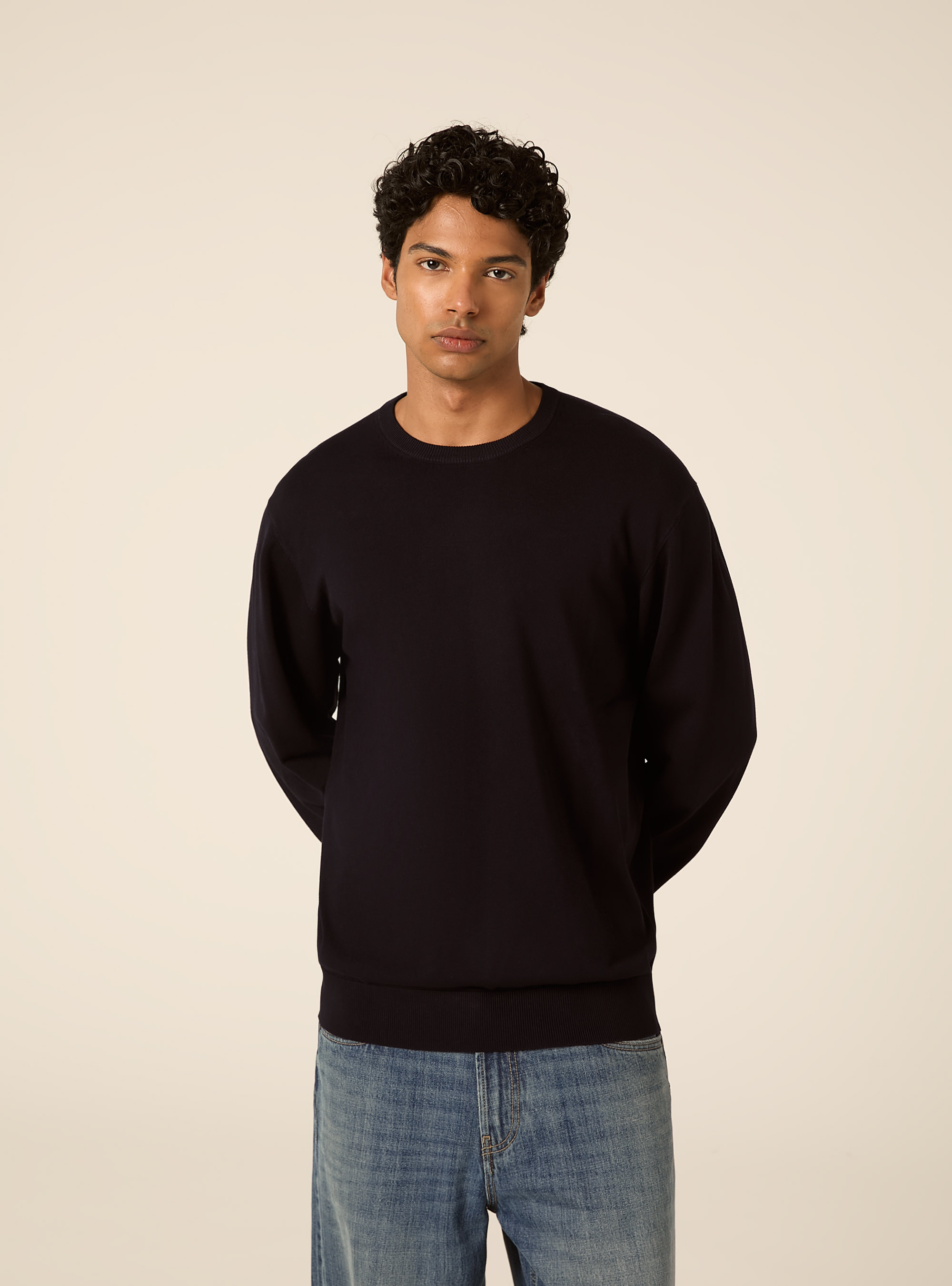 Pullover girocollo in viscosa, NAVY SCURO