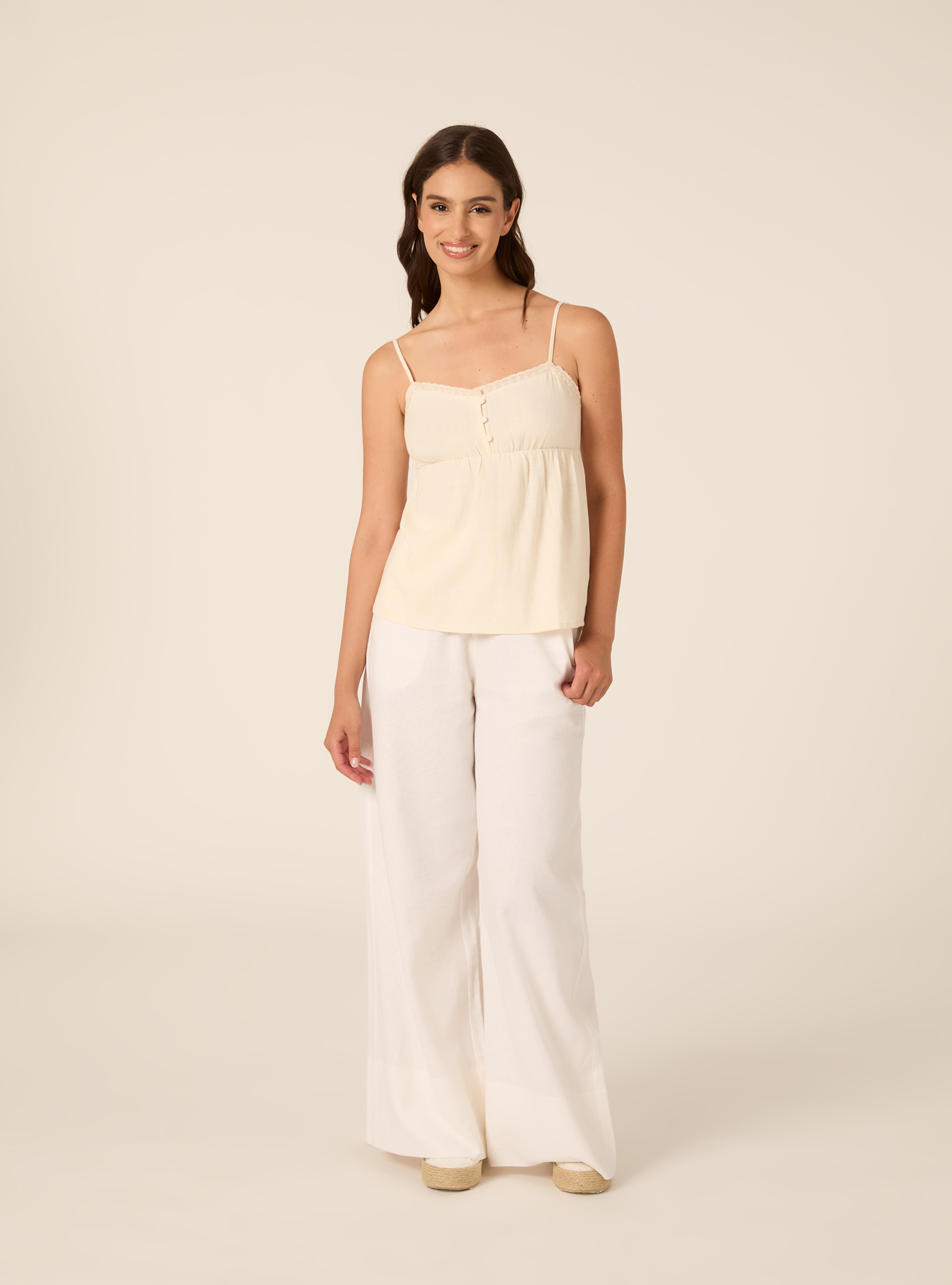 Top con spalline in misto lino, MBG3 BEIGE MEL LIGHT