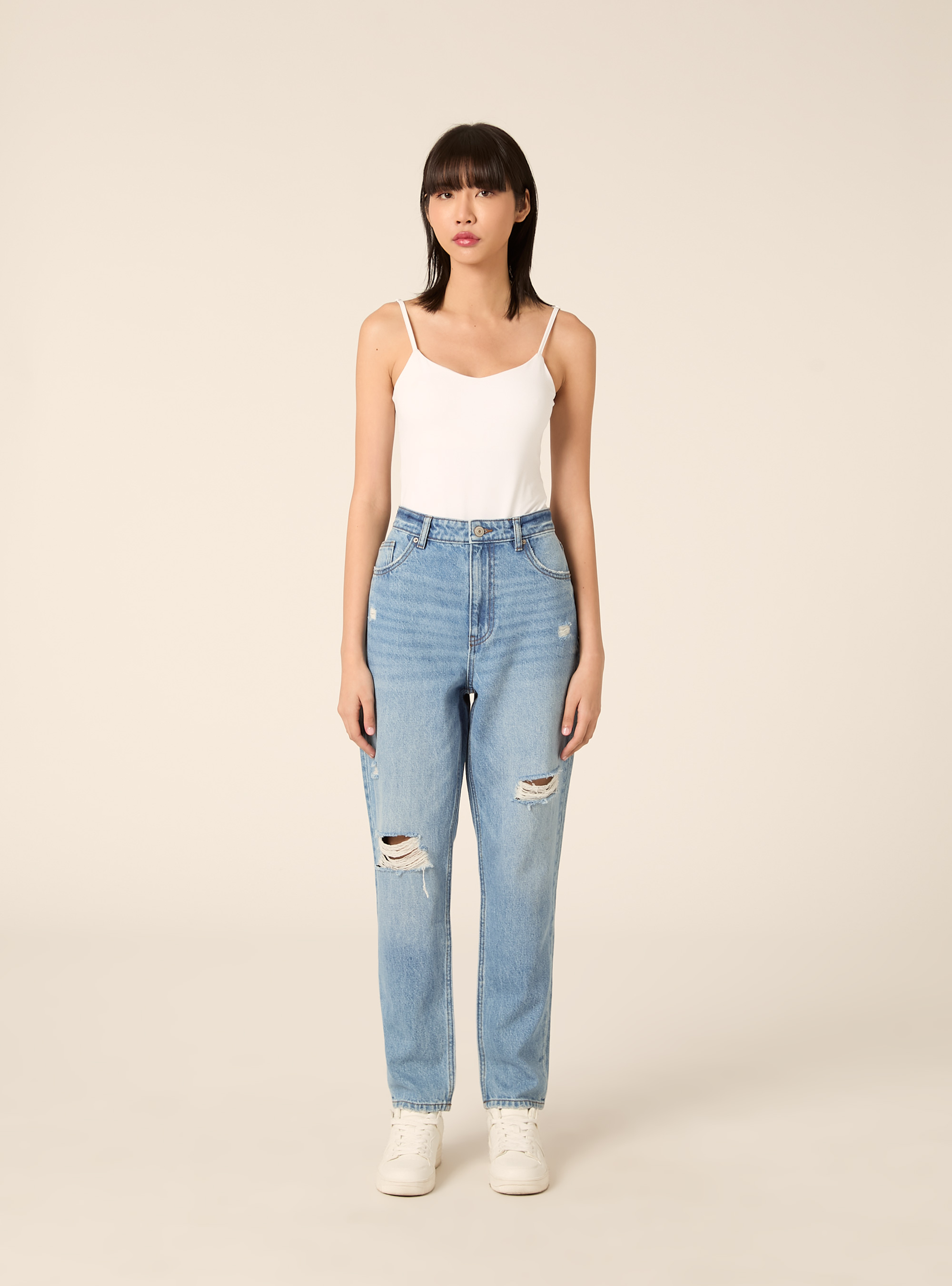Mom fit jeans with rips, D004 MEDIUM LIGHT BLUE