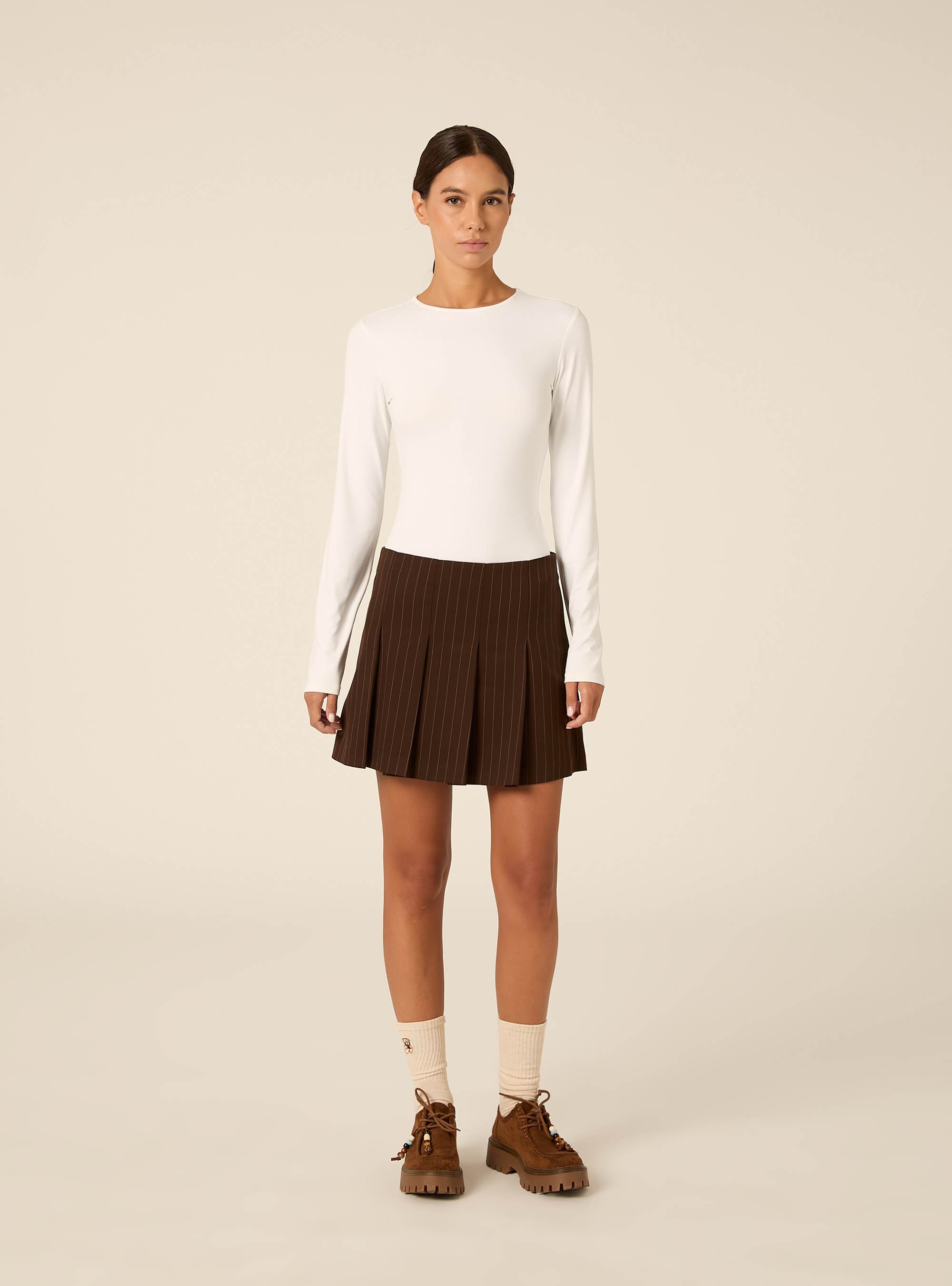 Minigonna a pieghe fantasia, BR1 BROWN DARK