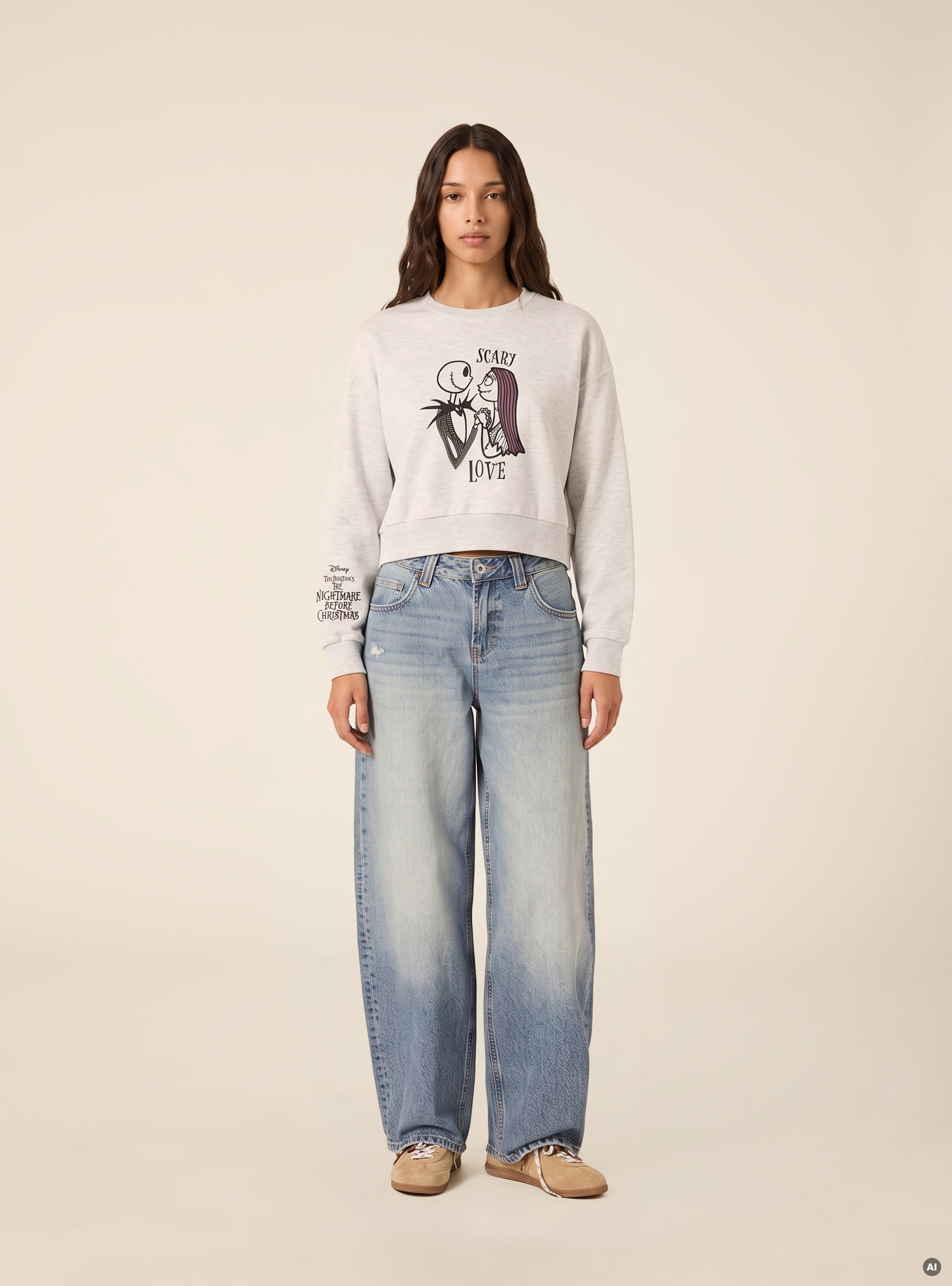 Cropped crew neck sweatshirt with Disney Nightmare Before Christmas print / Alcott, MGY3 GREY MEL LIGHT
