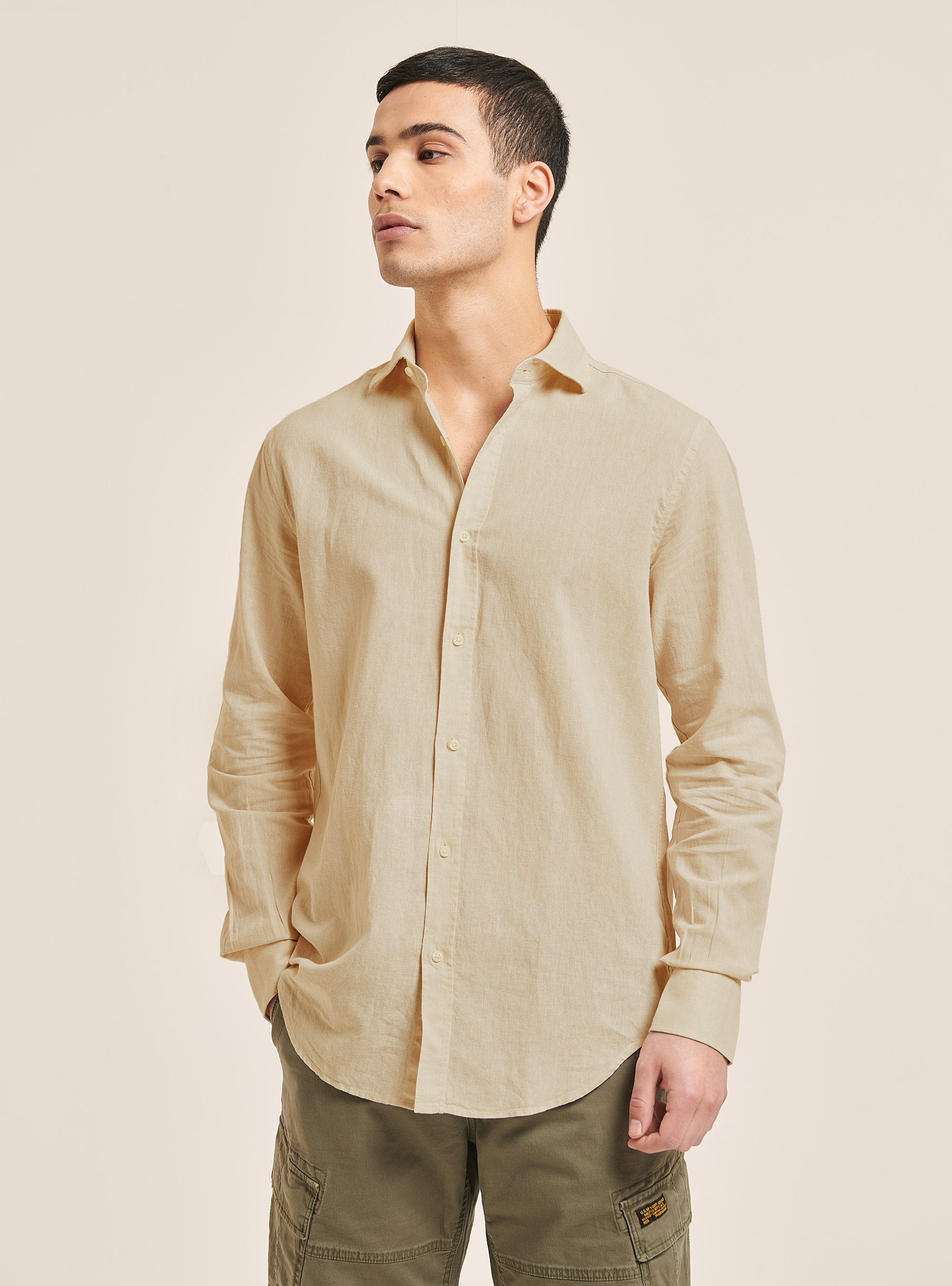 Plain linen shirt with long sleeves, SAND