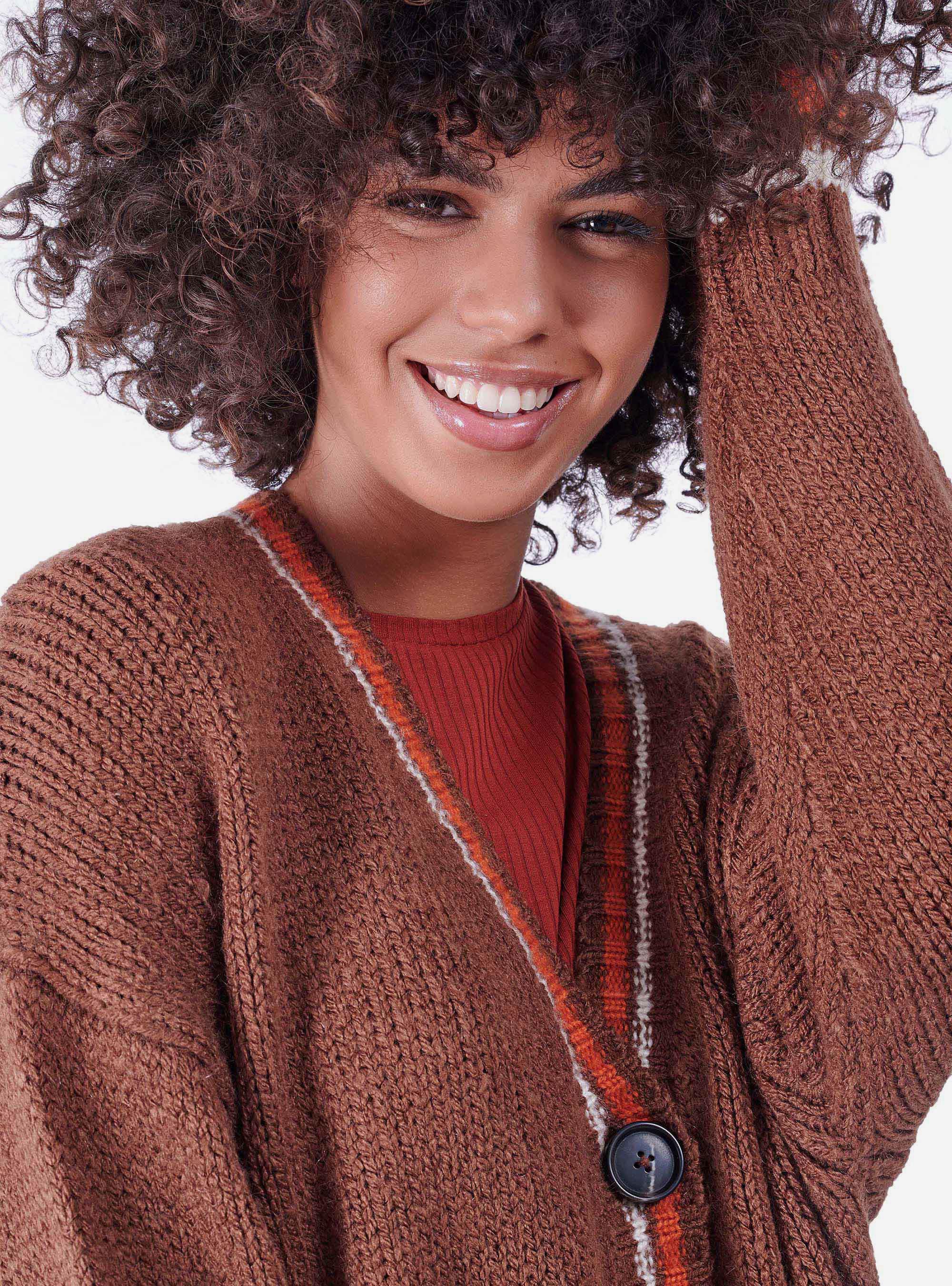 CARDIGAN WITH FLUO DETAILS, TOBACCO