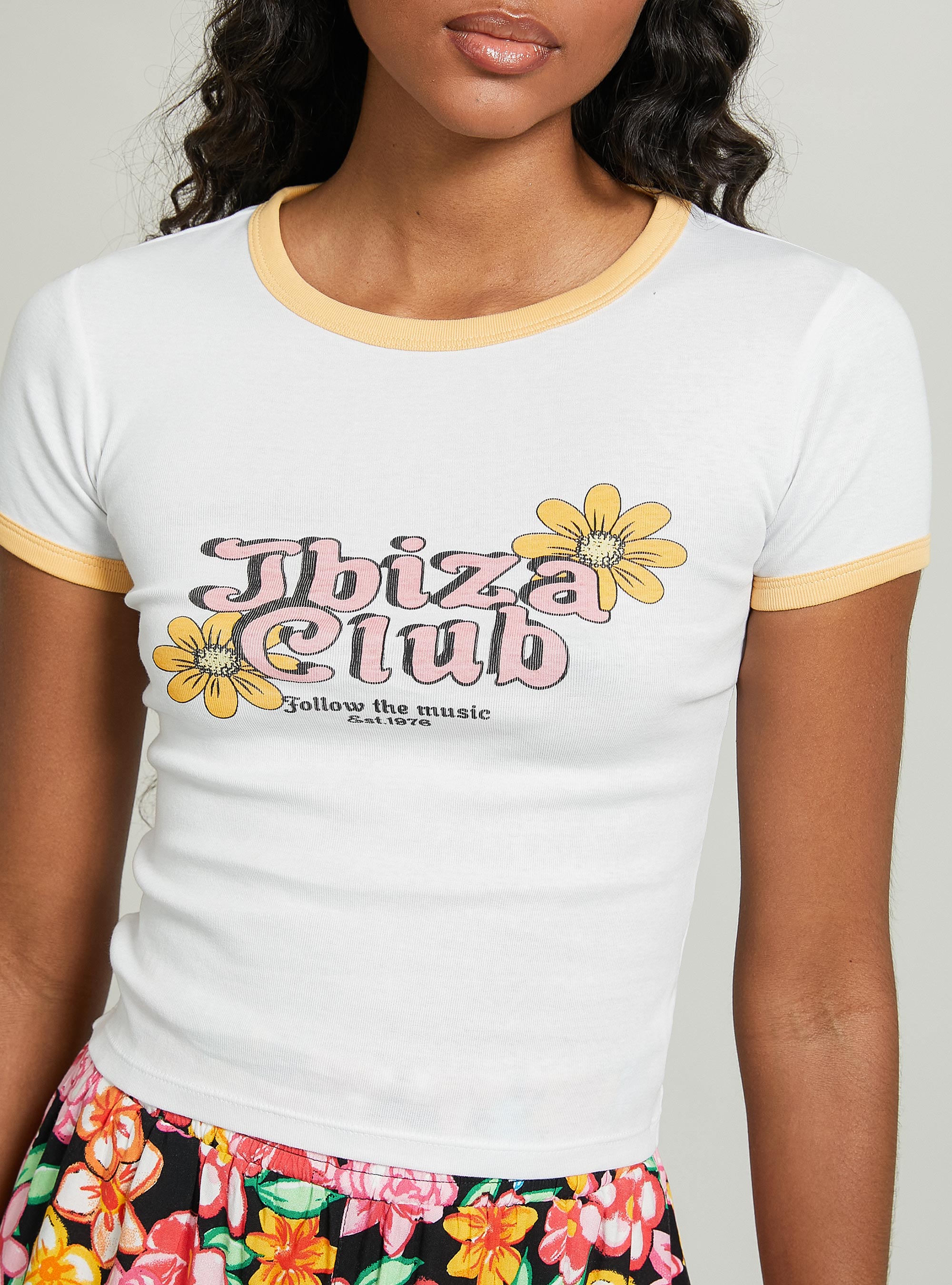 T-shirt with print and contrasting piping, WHITE