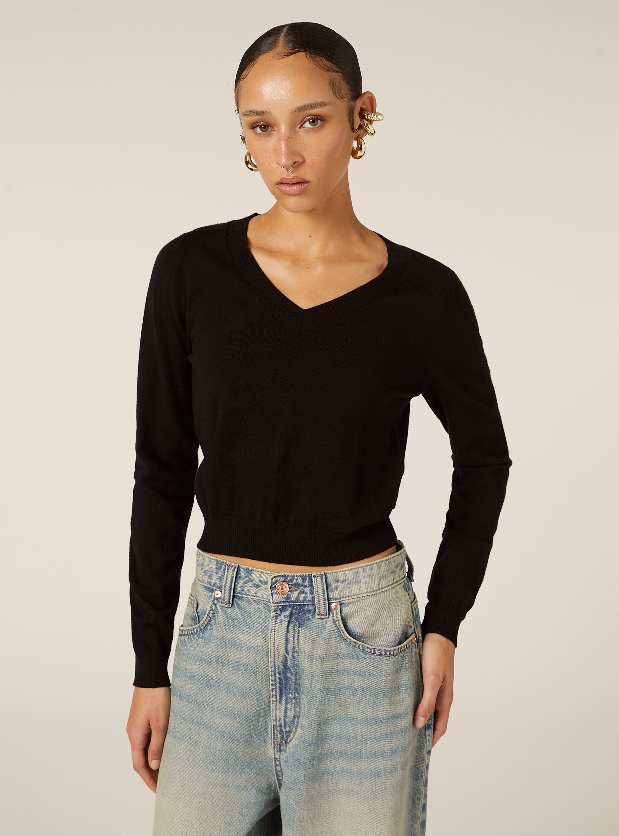 Boxy fit V-neck pullover, BK1 BLACK