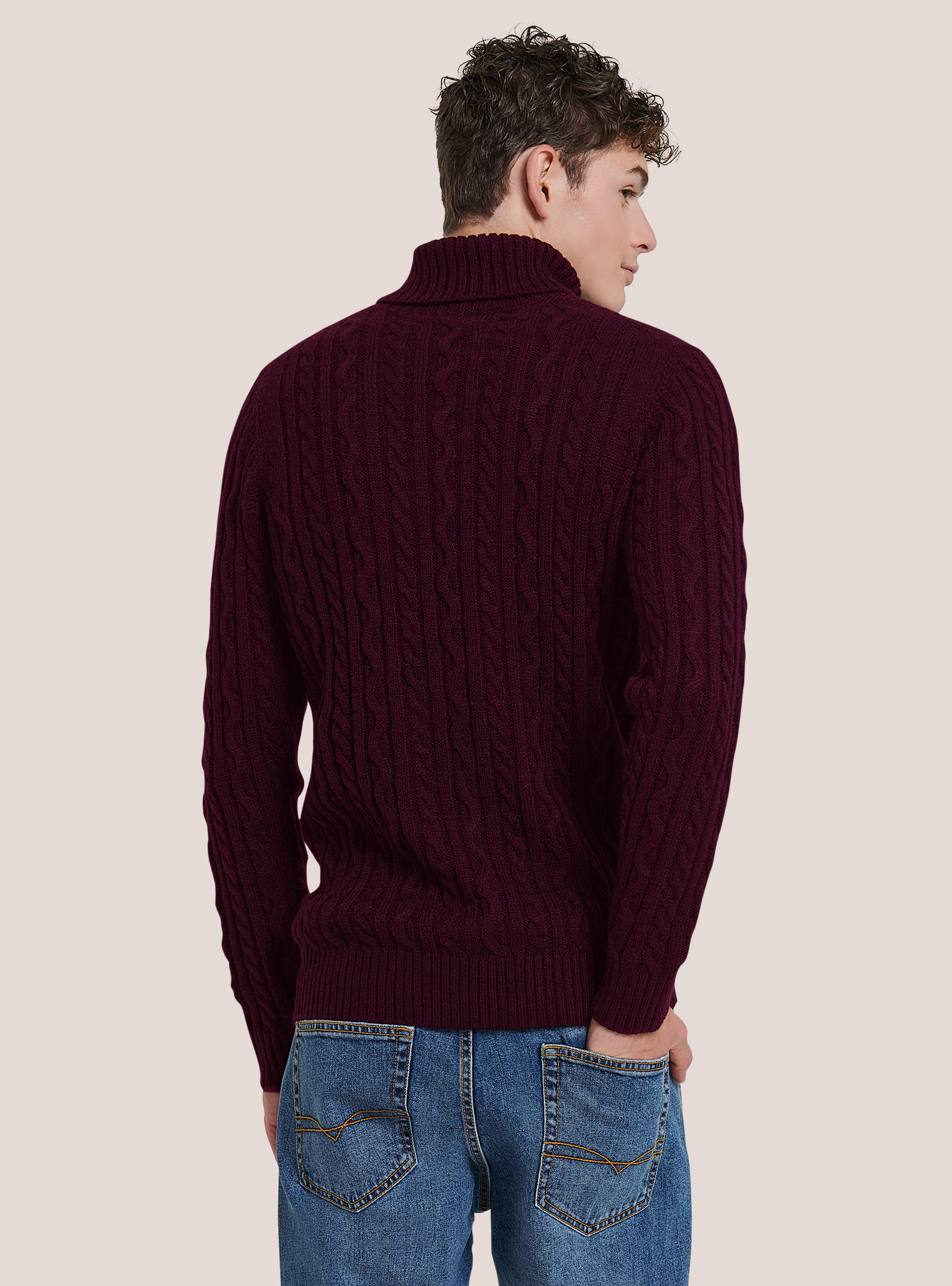 Pullover collo alto con trecce, BO2 BORDEAUX MEDIUM