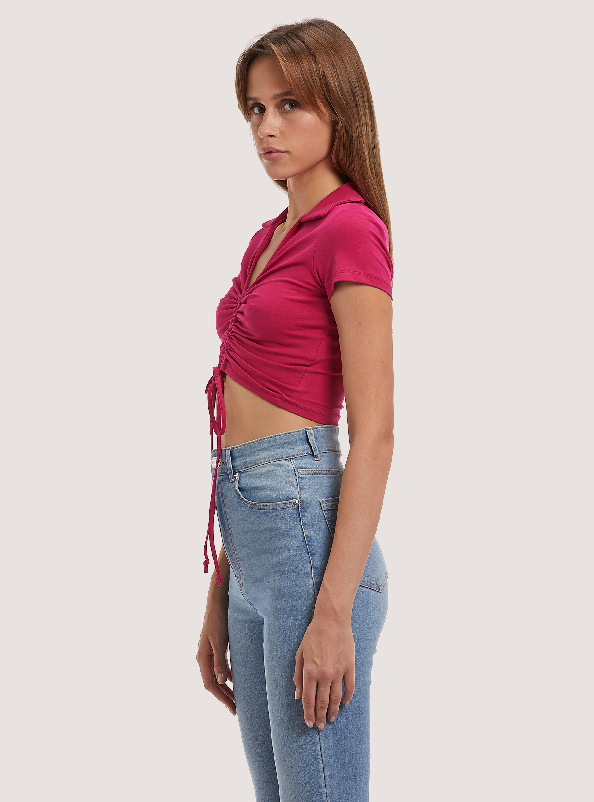 Gathered cropped t-shirt, FX2 FUXIA MEDIUM