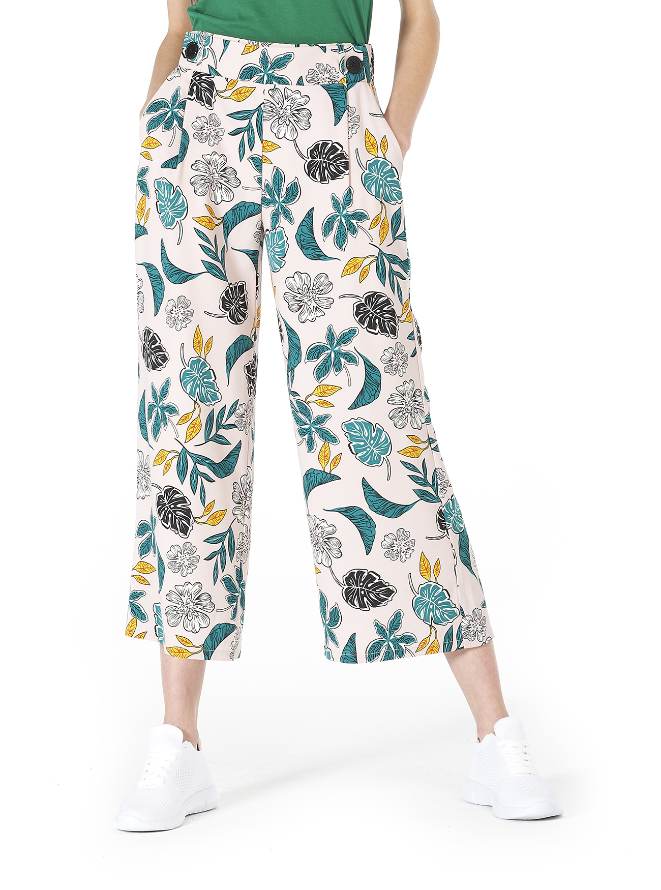 Pantalone gamba ampia vita alta e comfort fit, FL FLOREAL