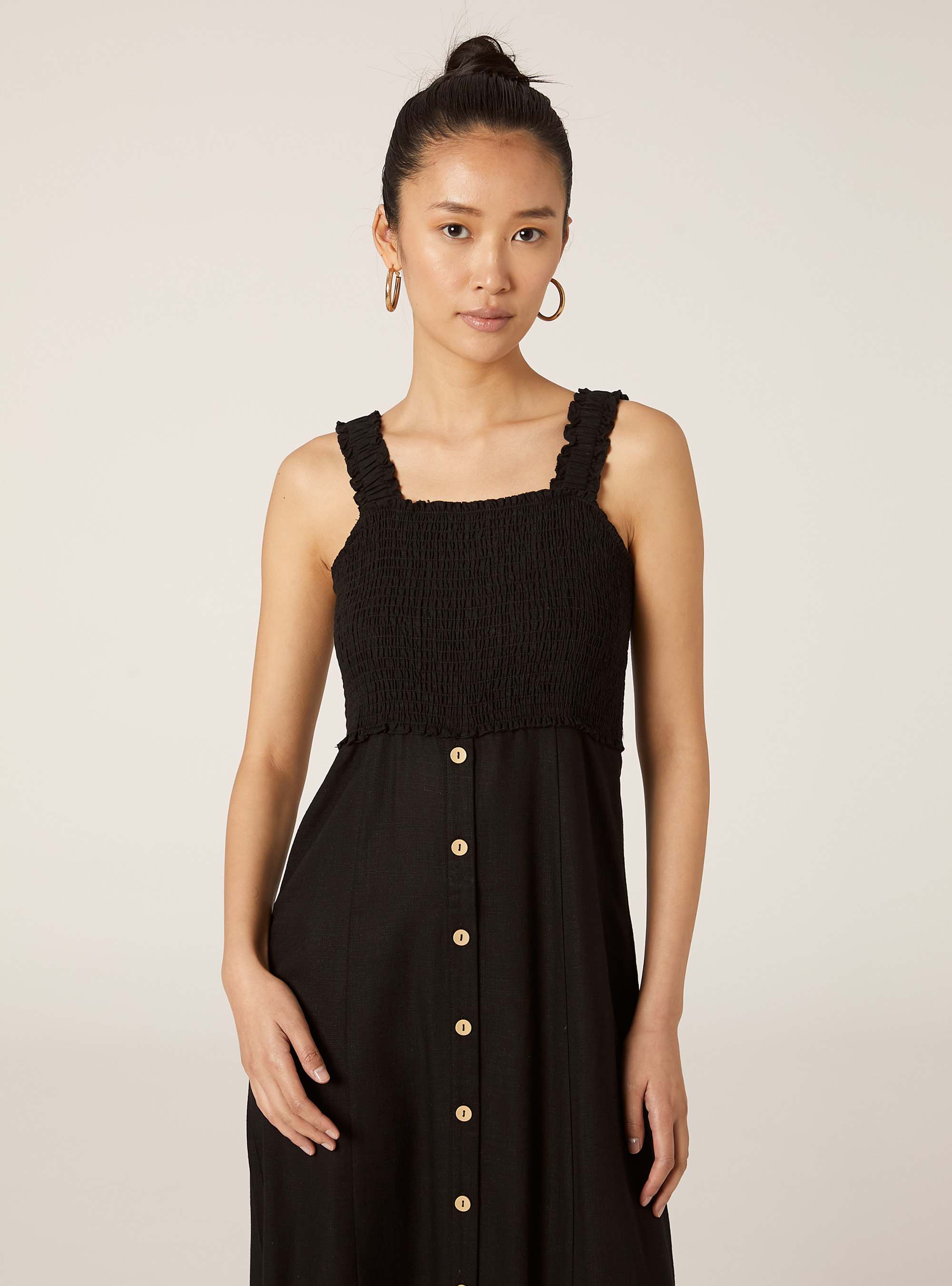 Vestido midi en mezcla de lino, BK1 BLACK