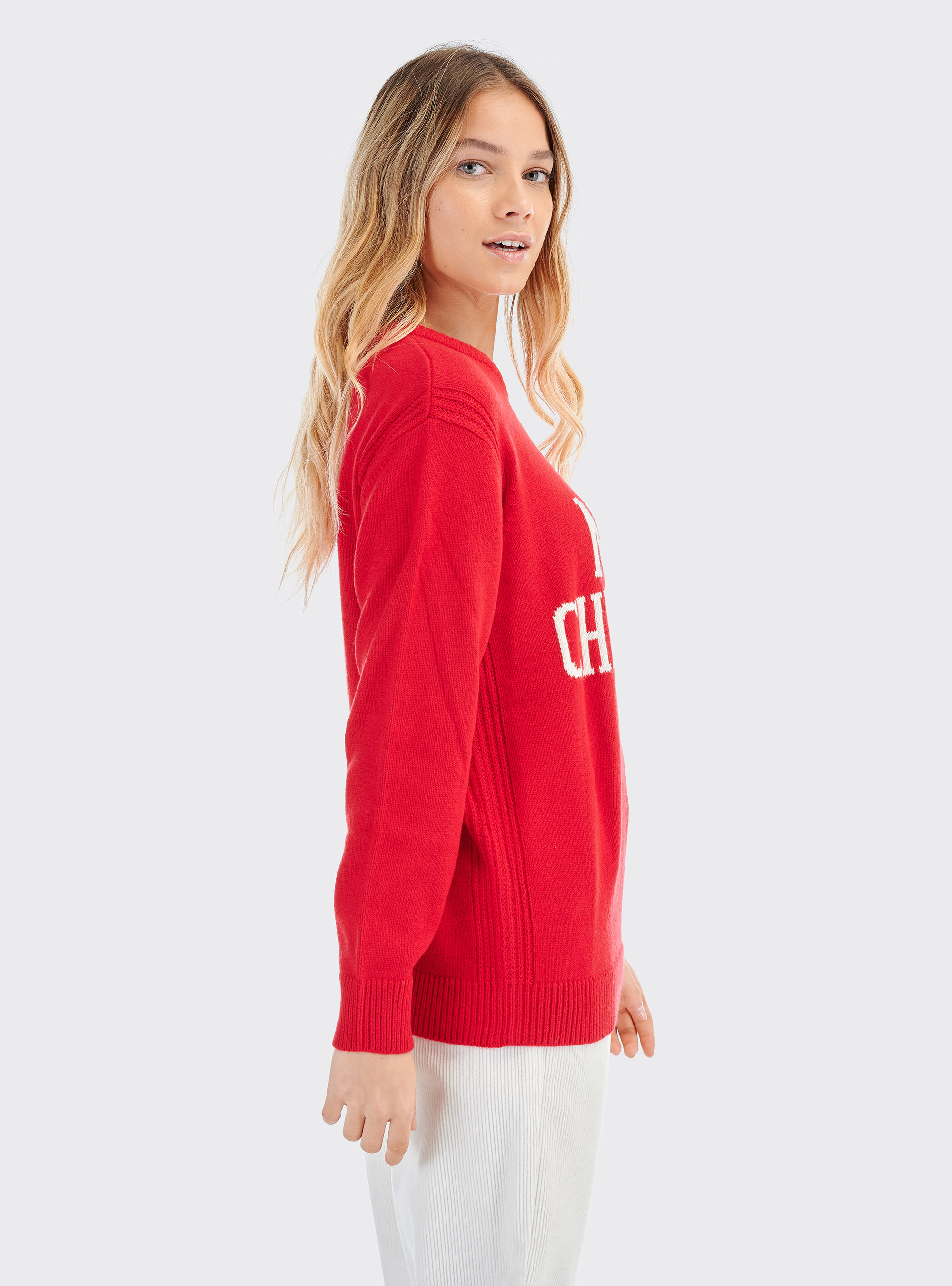 Jersey navideño con escritura Feliz Navidad, ROJO