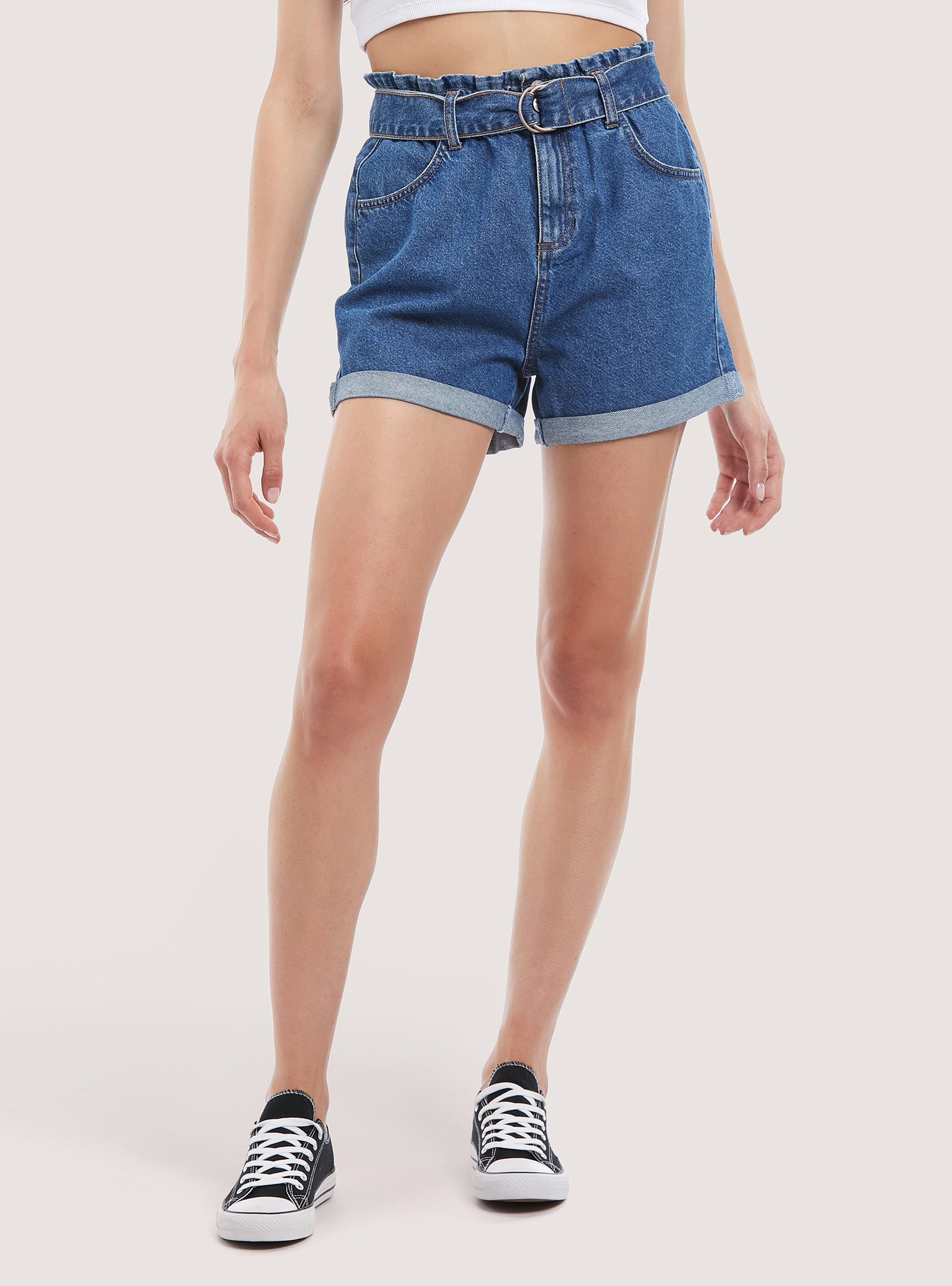 Denim shorts with strap, D003 MEDIUM BLUE