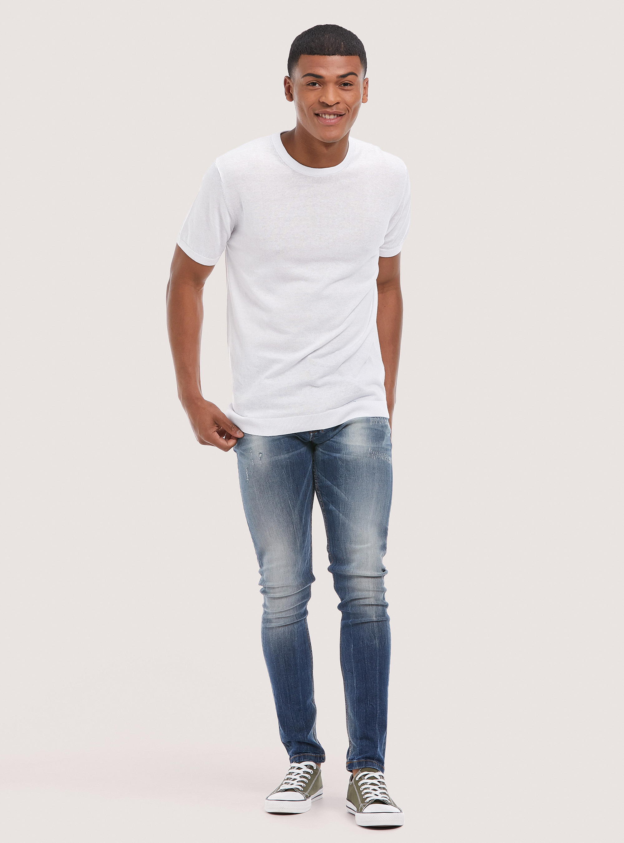 Pull en coton &agrave; manches courtes, C099 WHITE