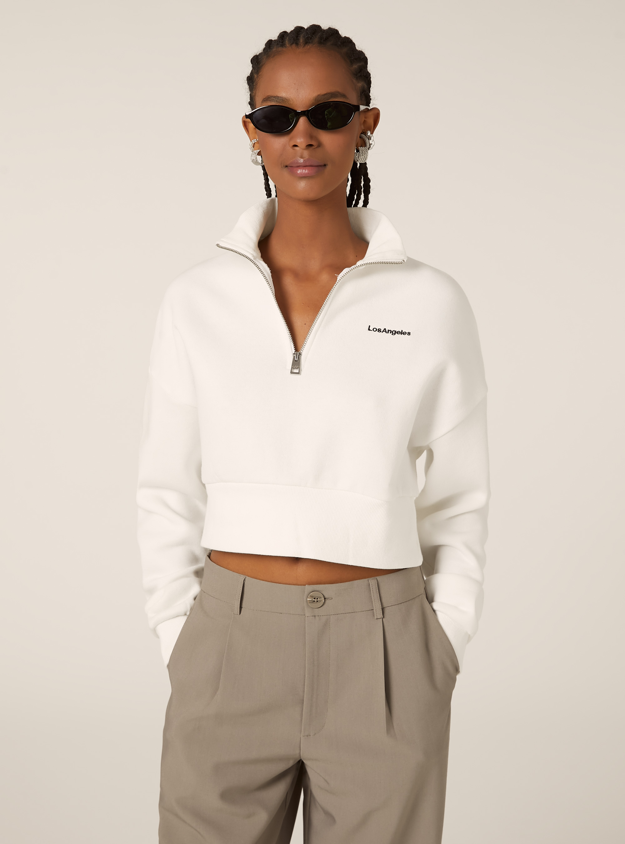 Sudadera corta con cuello y cremallera, WH2 WHITE