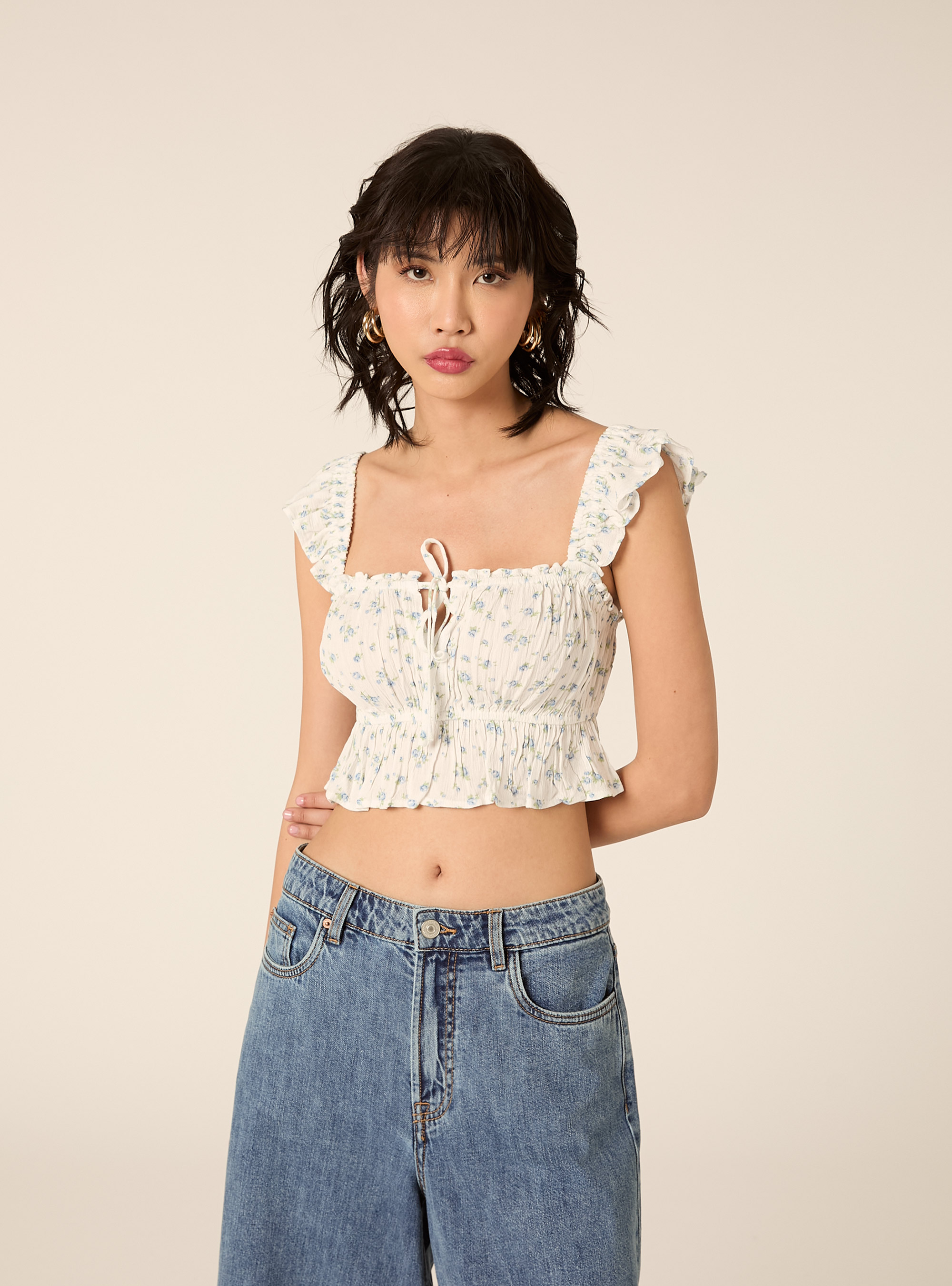 Top in crepe con volant, FLOWERS