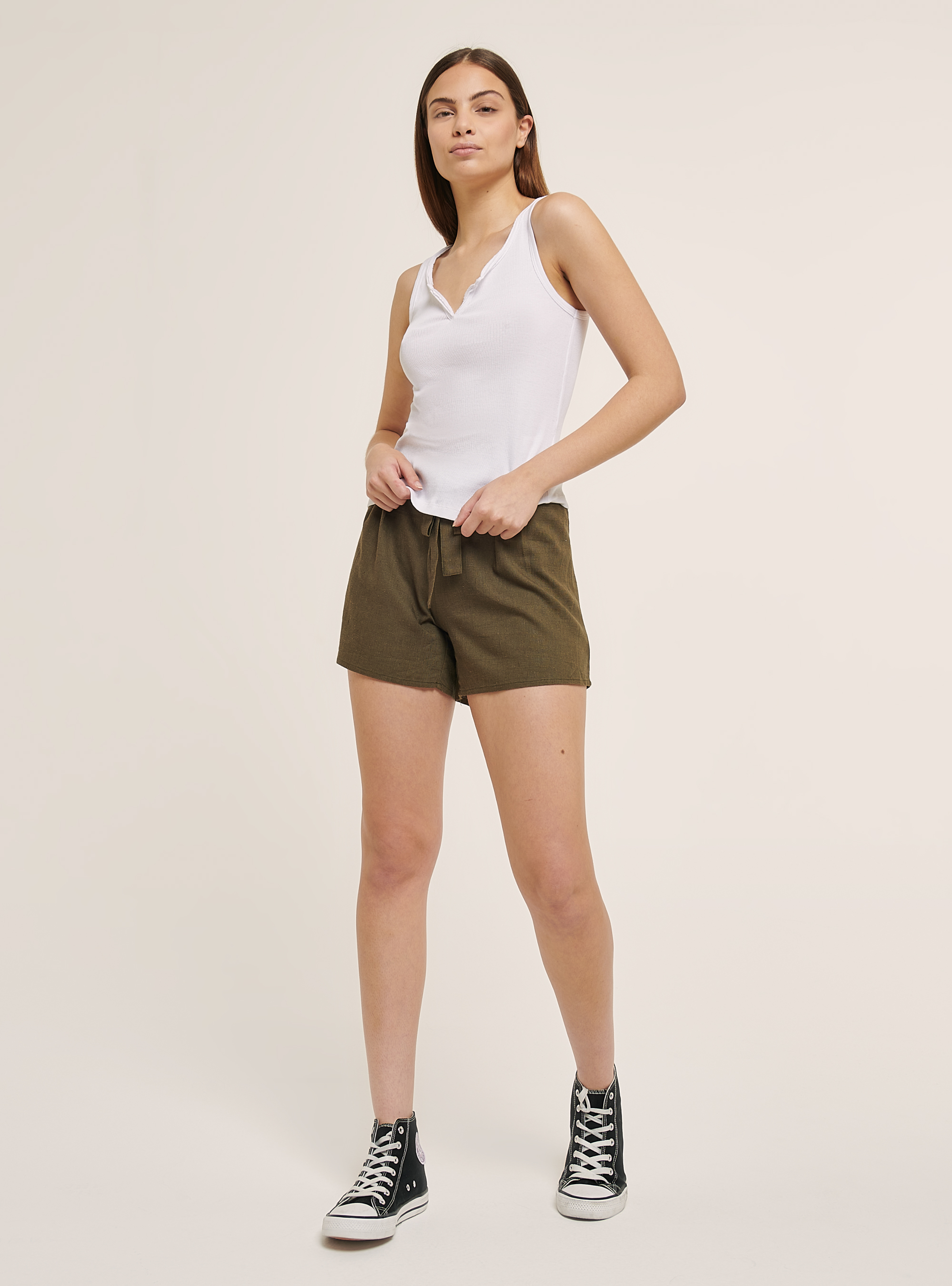 Ribbed cotton tank top with V-neckline, WHITE