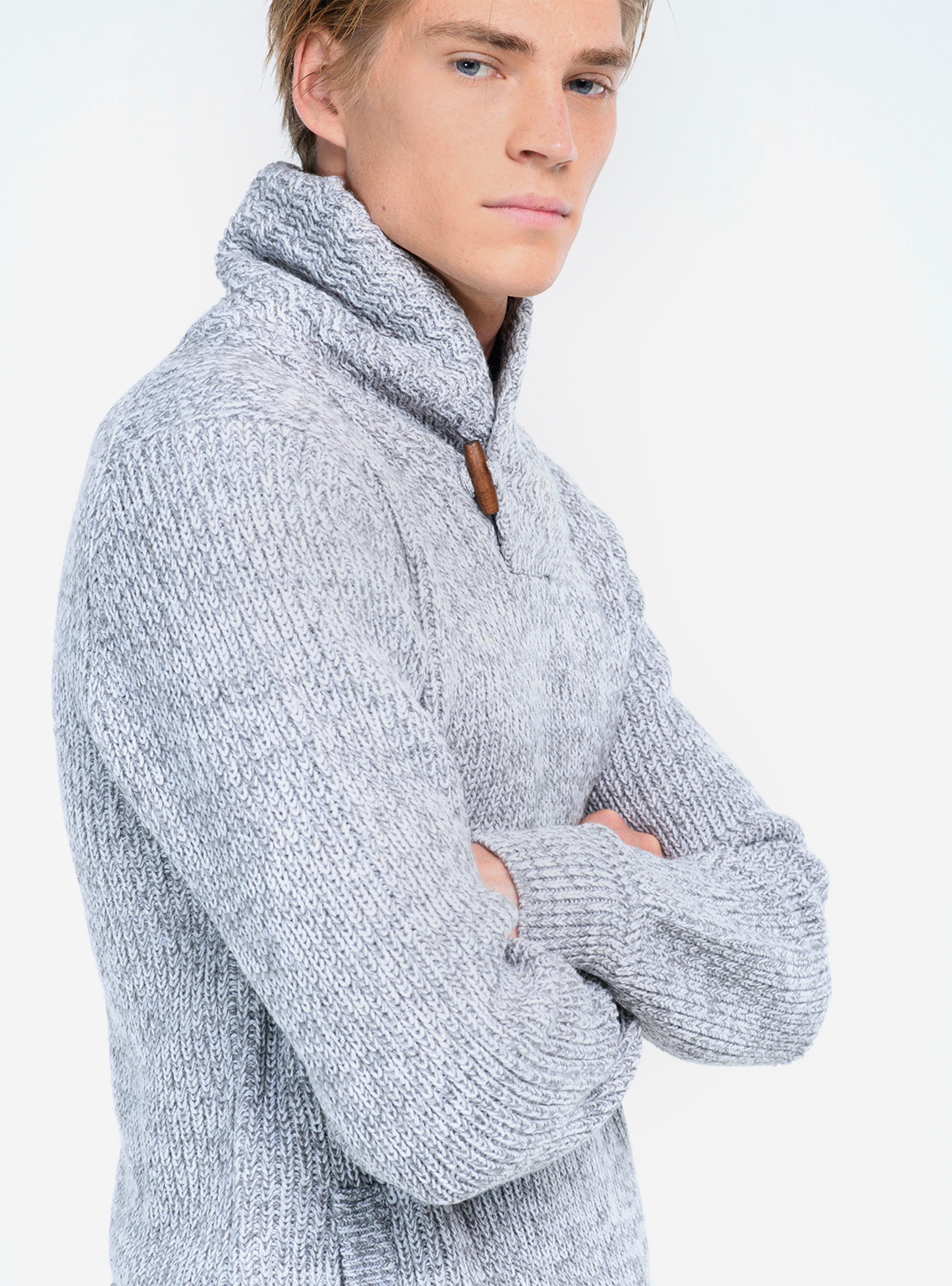 Pull à col châle, C184 PEARL/C004 OFF-WHITE