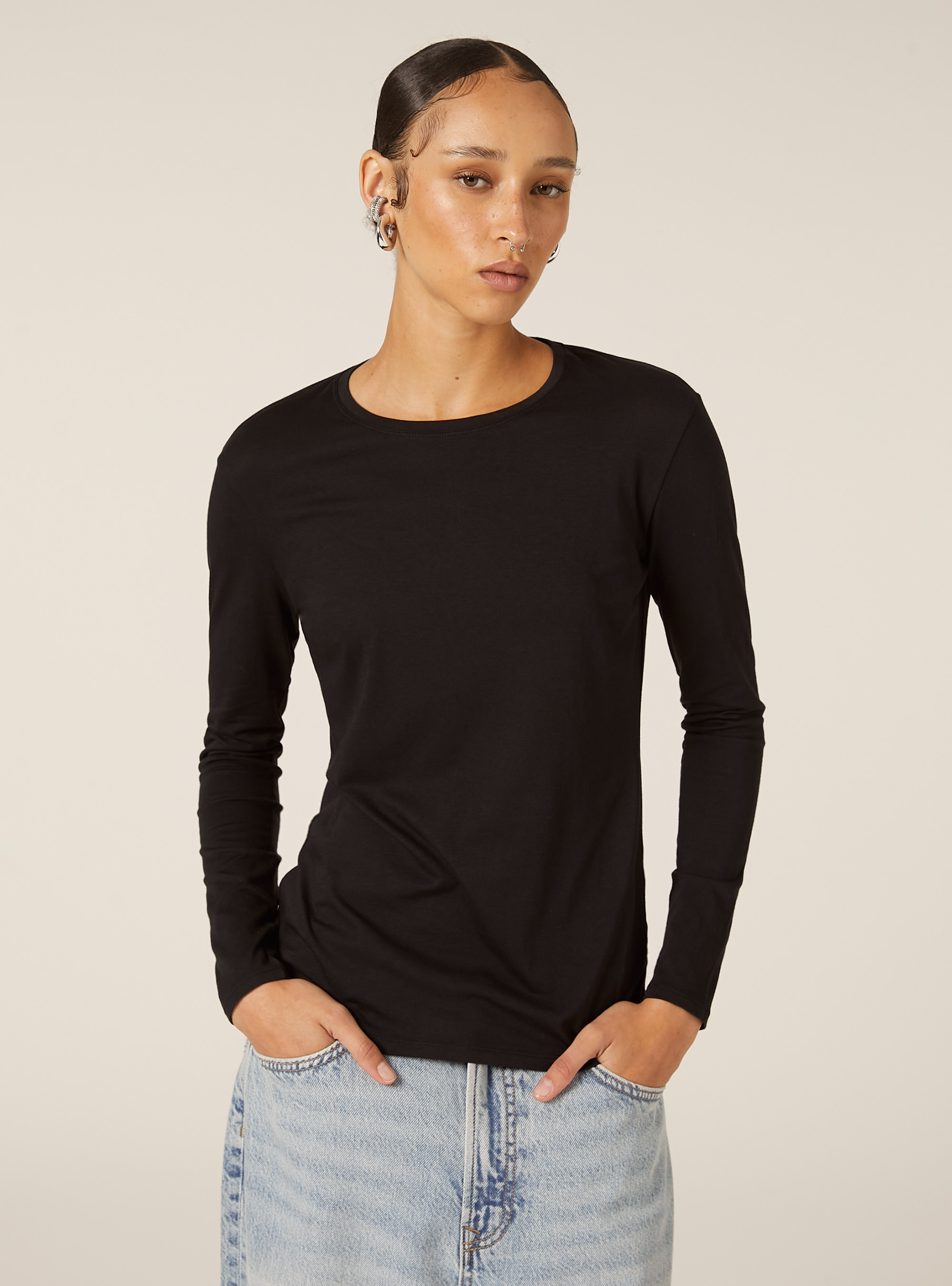 Camiseta básica de manga larga, BK1 BLACK