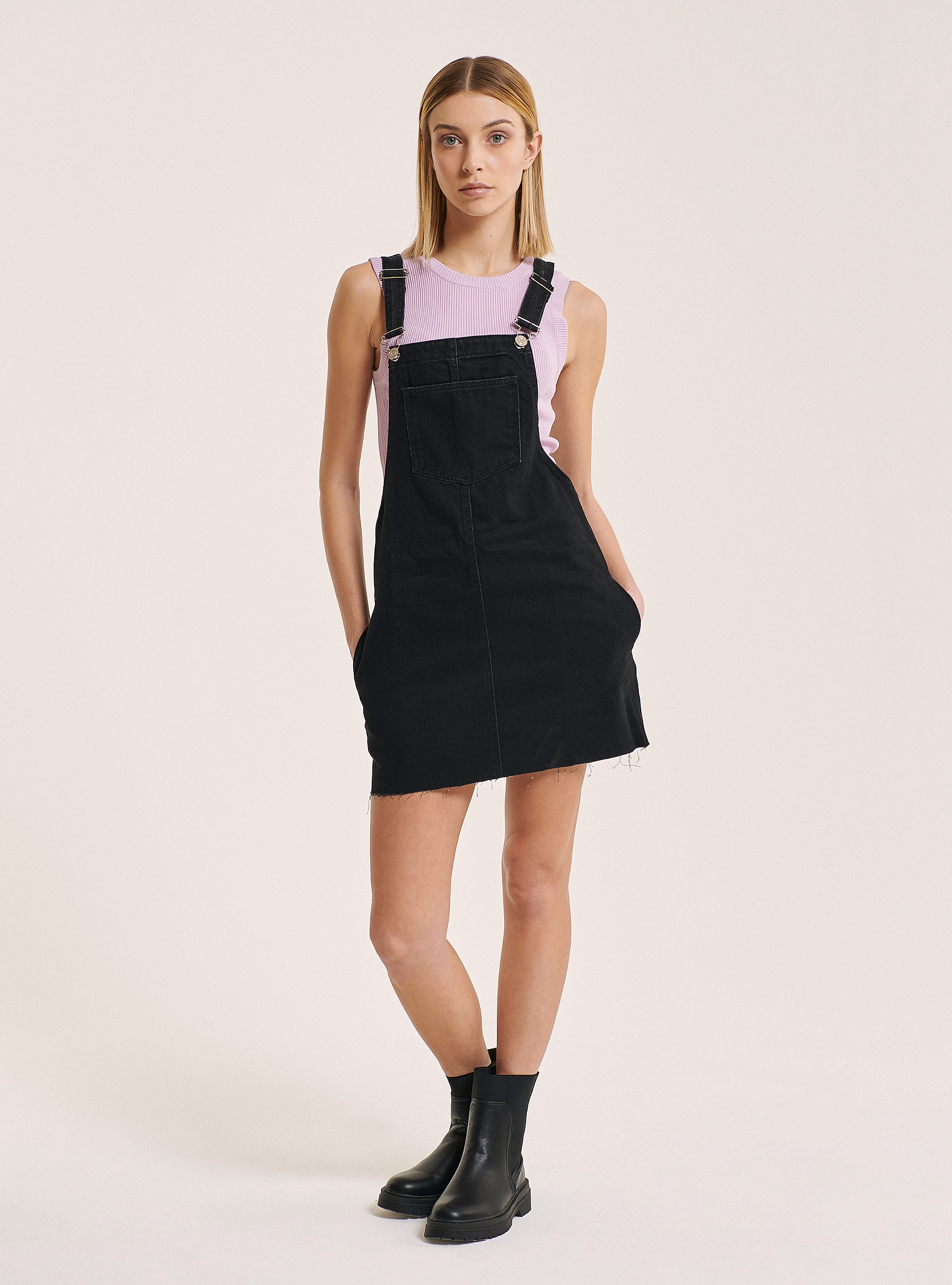 Denim overalls with front pocket, BLACK
