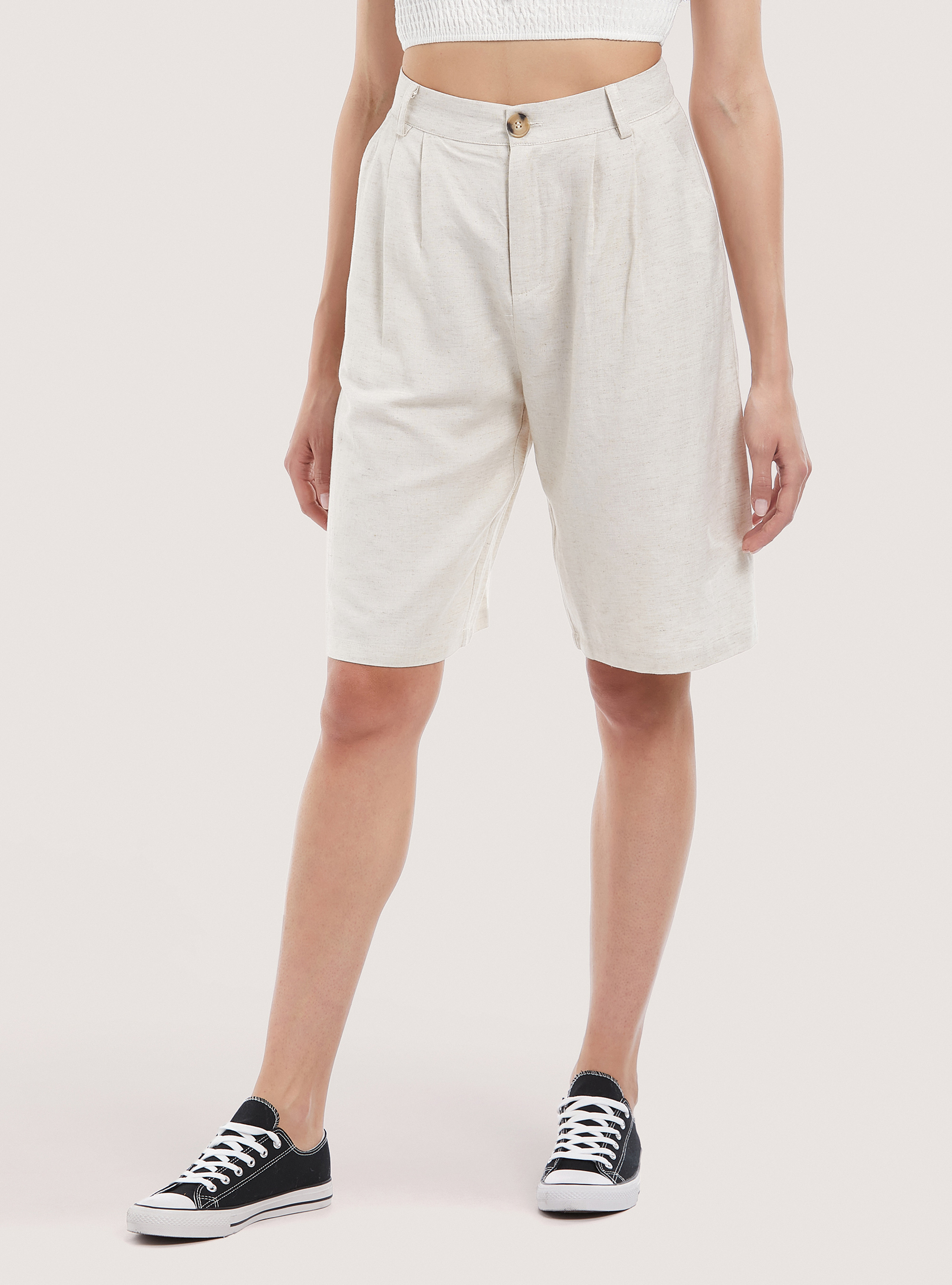 Linen blend midi bermuda shorts, C0578 BEIGE