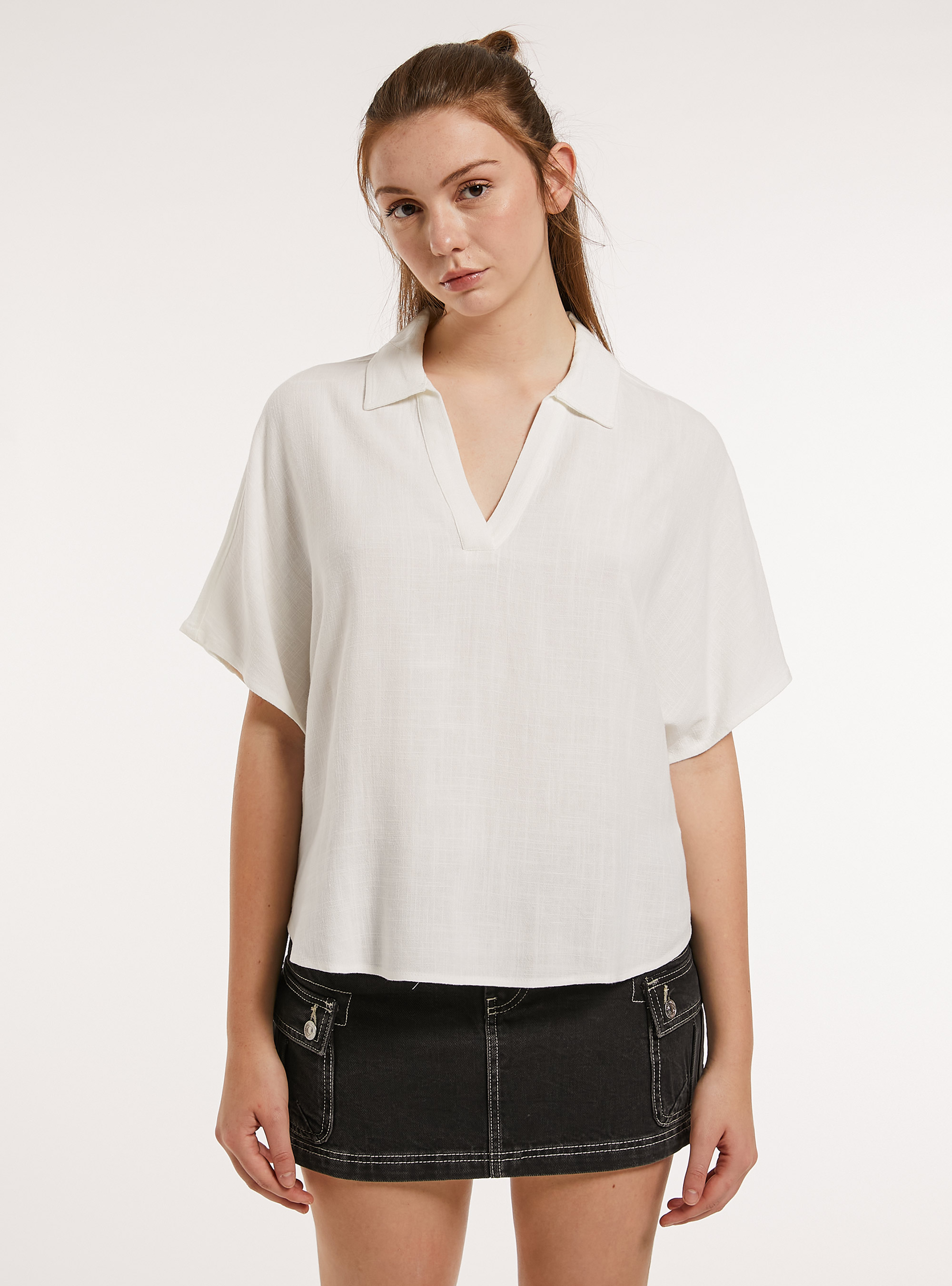 Linen-blend blouse, WH1 OFF WHITE
