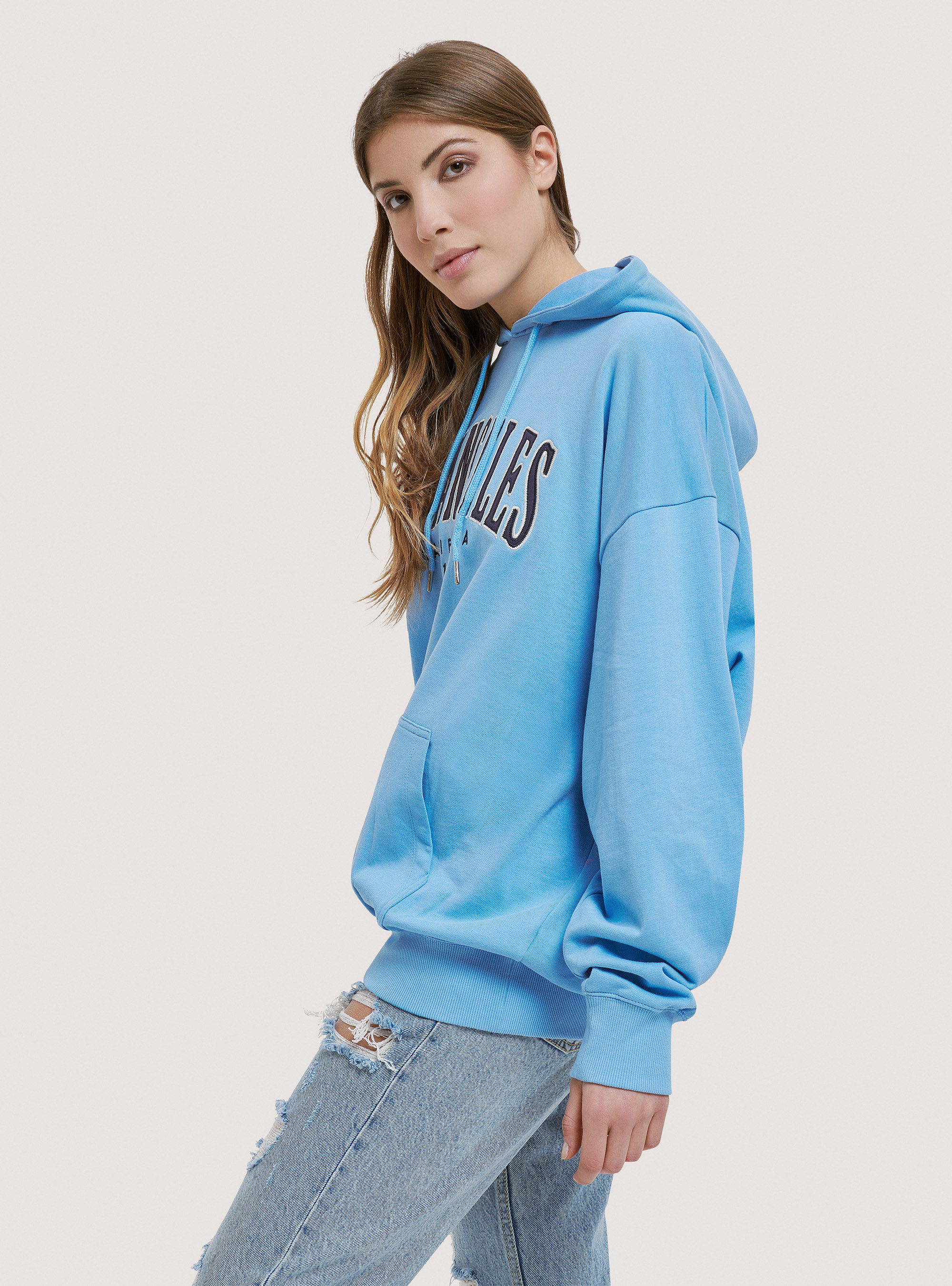 Sudadera universitaria de algod&oacute;n con capucha, CELESTE