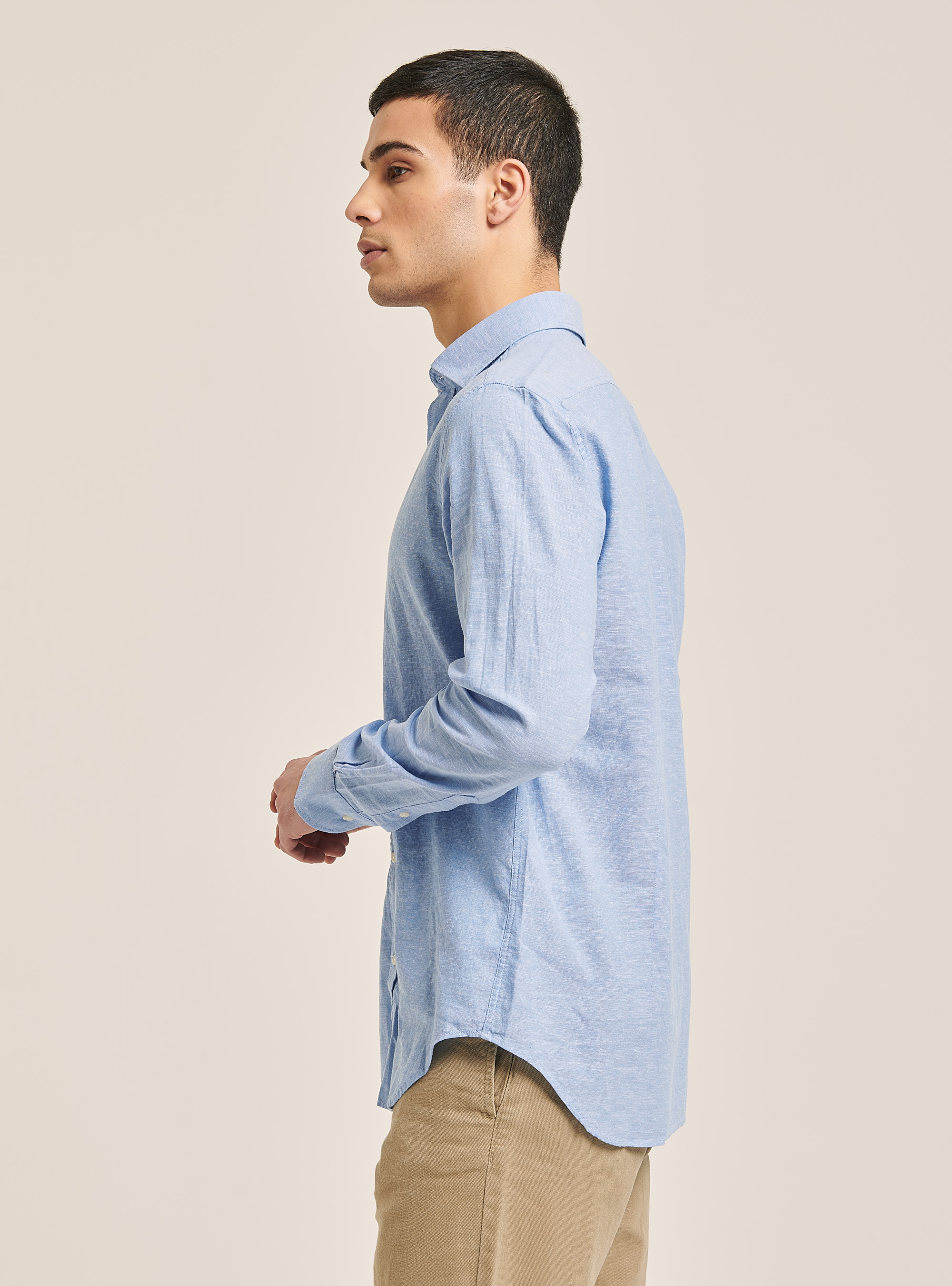 Plain linen shirt with long sleeves, AZURE