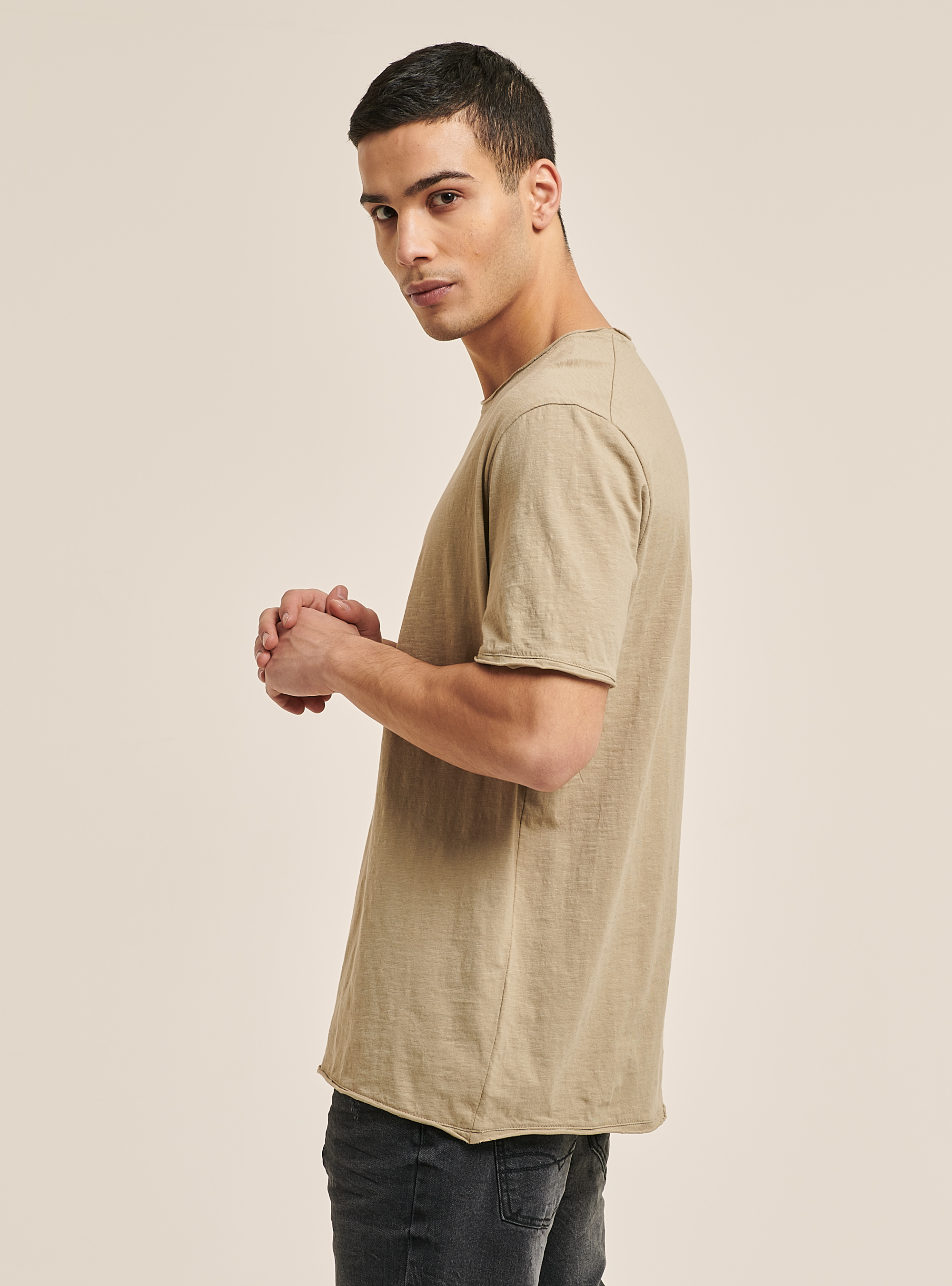 T-shirt en coton coup&eacute; &agrave; vif, BG2 BEIGE MEDIUM