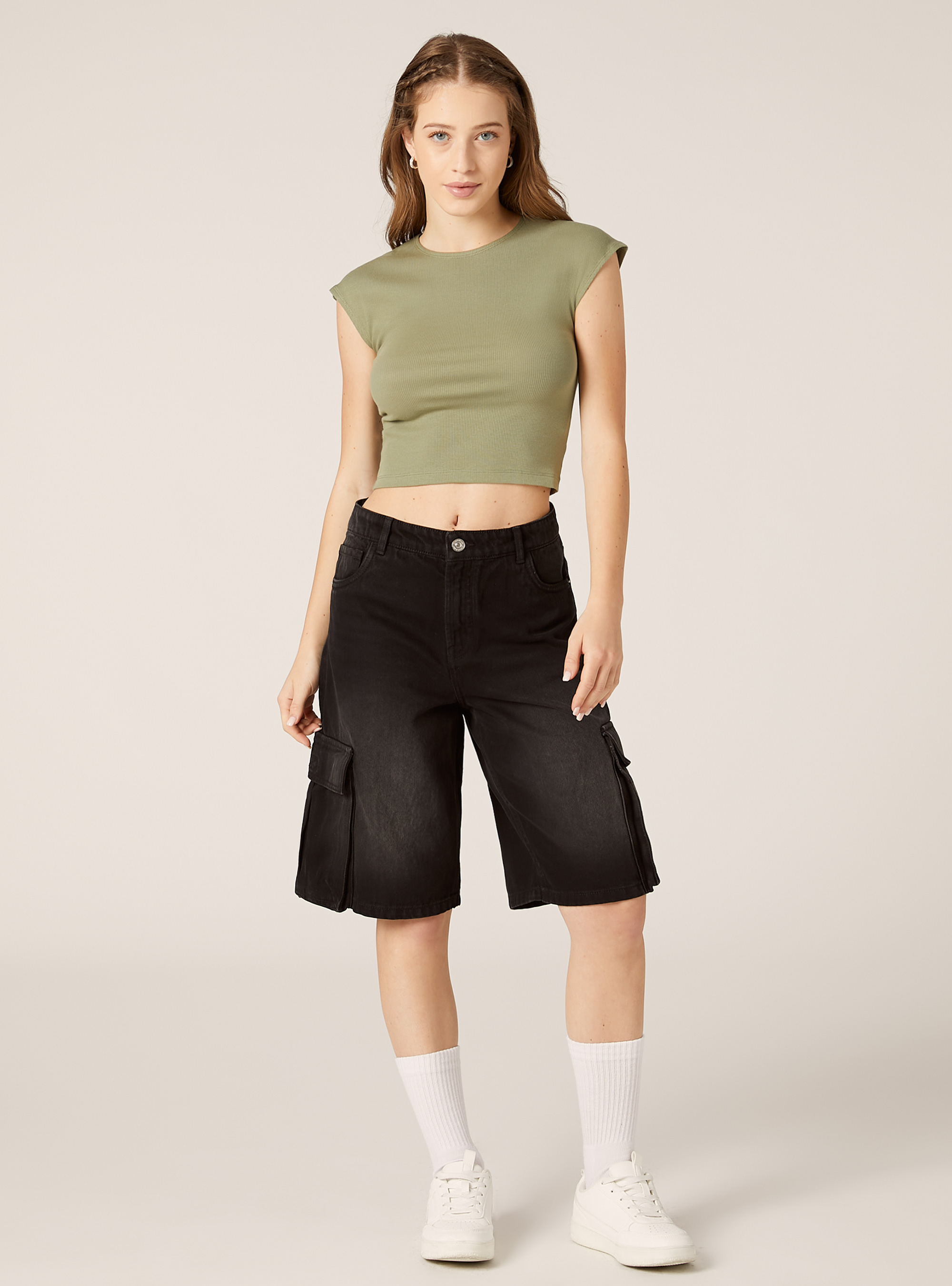 Cropped fitted t-shirt, KY2 KAKY MEDIUM