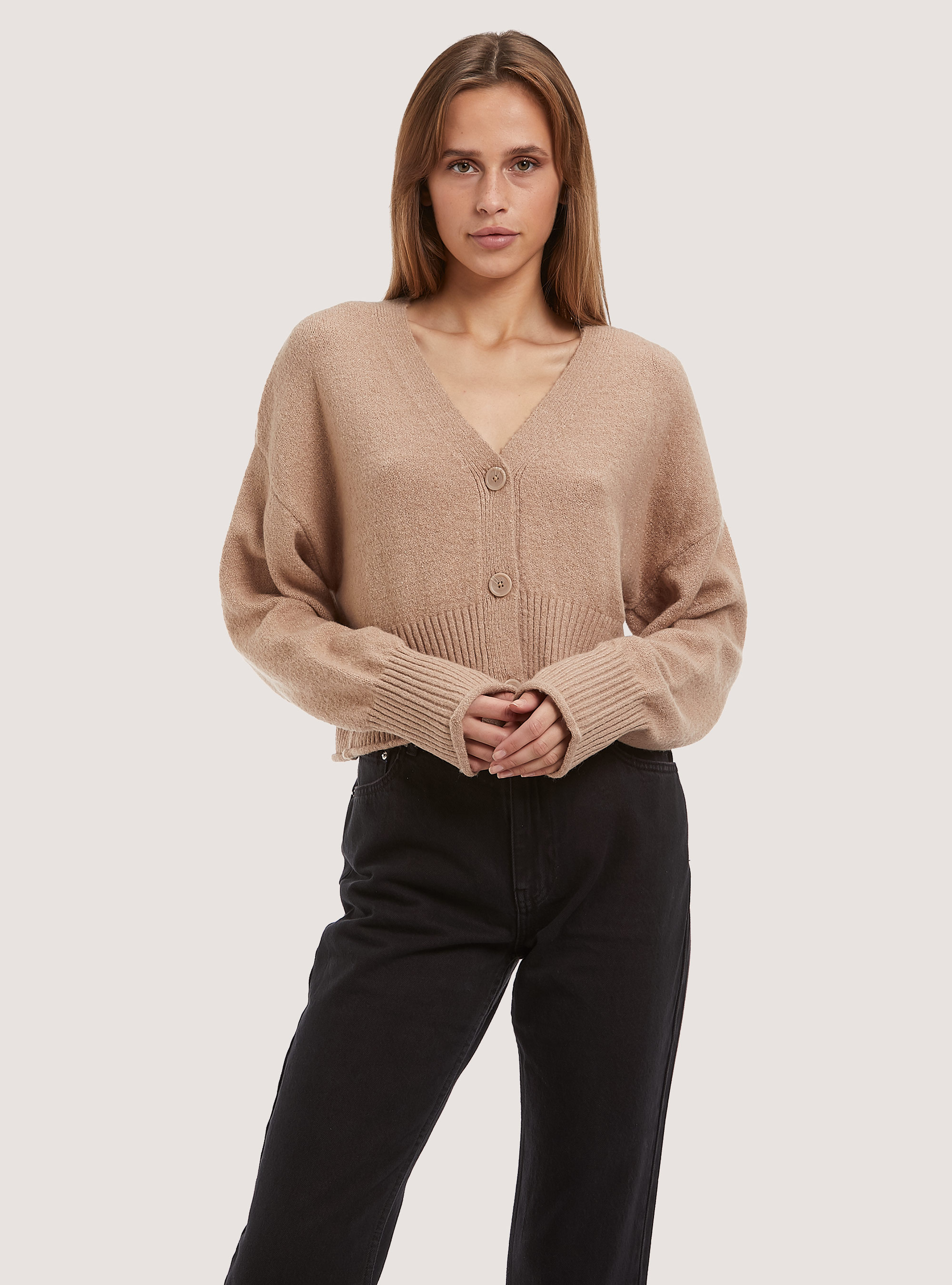 Pullover cardigan con scollo a V, MBG1 BEIGE MEL DARK