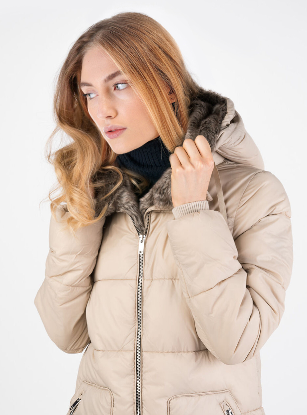 Piumino lungo hood in fake fur, WHITE