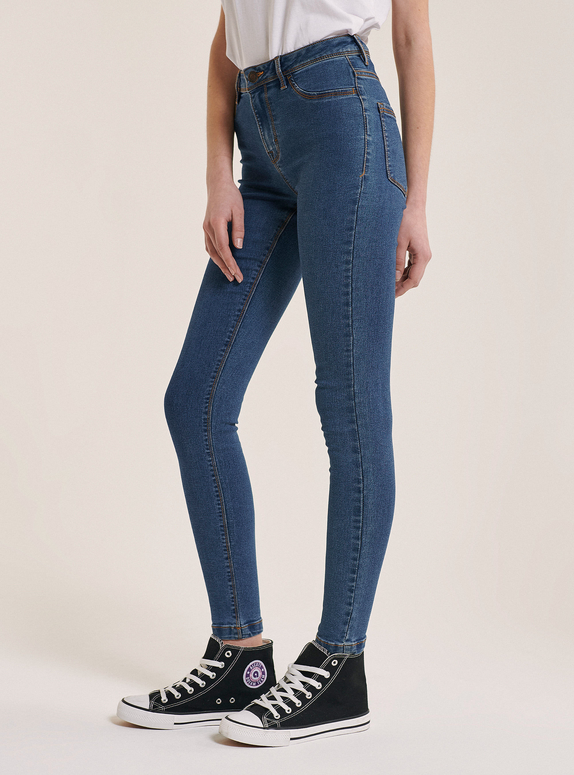Jeans super skinny a vita alta comfort fit, AZZURRO
