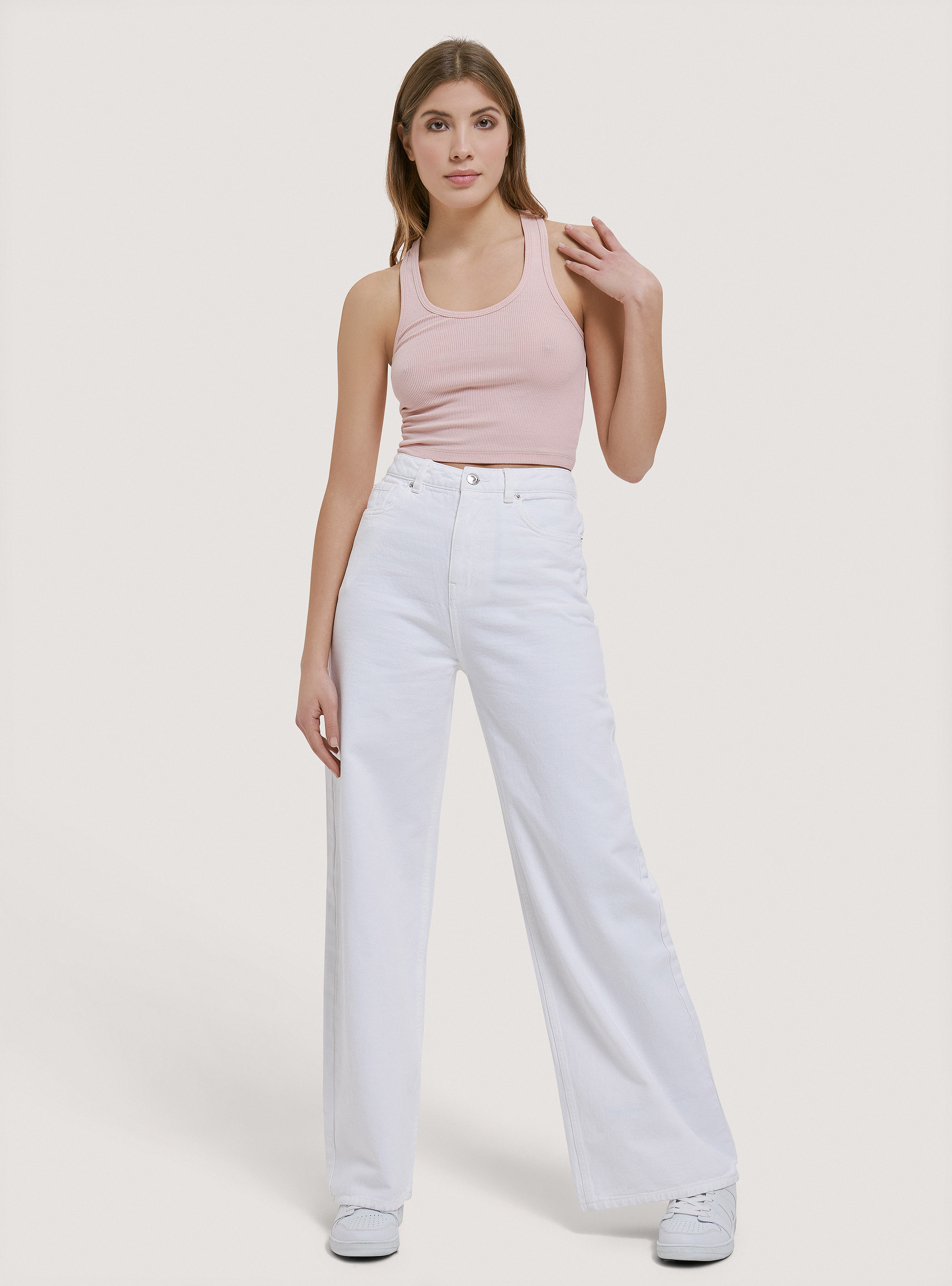 Pantalon en serg&eacute; &agrave; jambes larges, C028 OFF WHITE