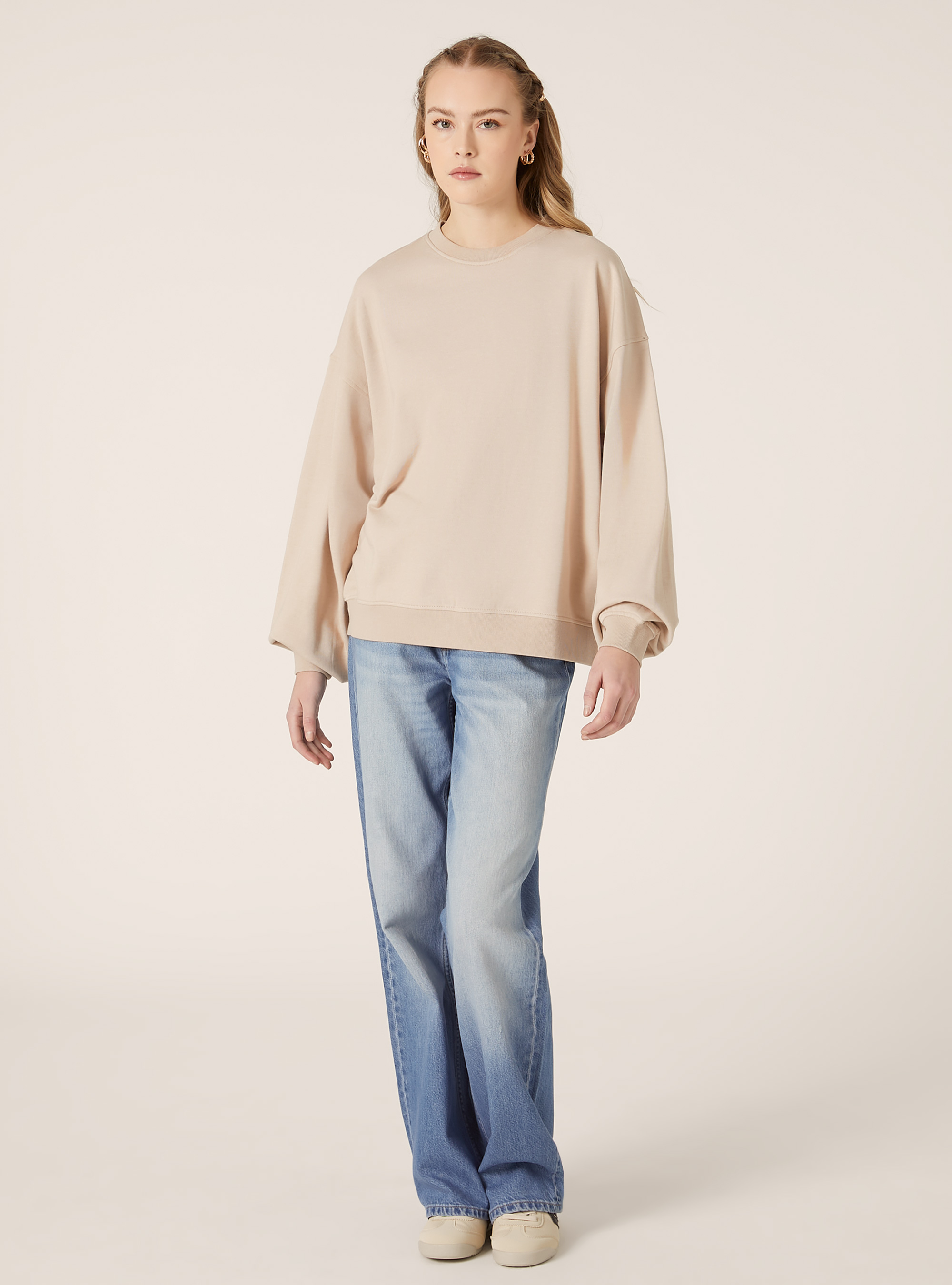 Plain-coloured cotton crew-neck sweatshirt, BG2 BEIGE MEDIUM