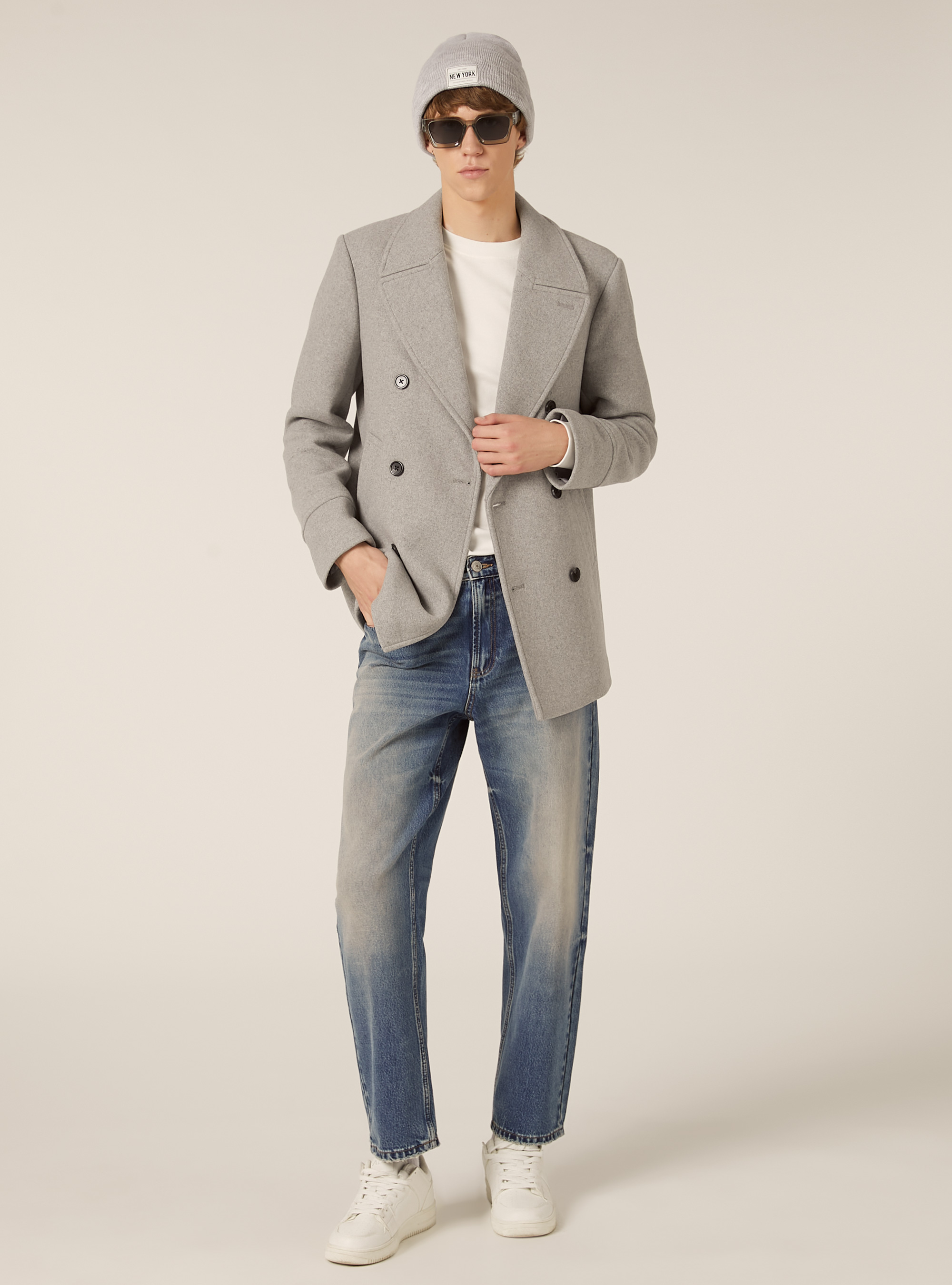 Double-breasted pea coat, MGY3 GREY MEL LIGHT