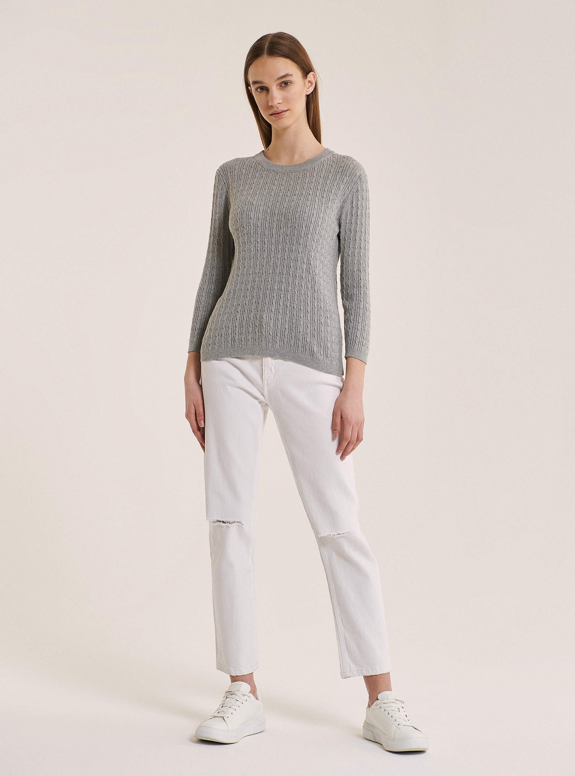 Jersey de cuello redondo con tejido de ochos, GRIS CLARO MELANGE