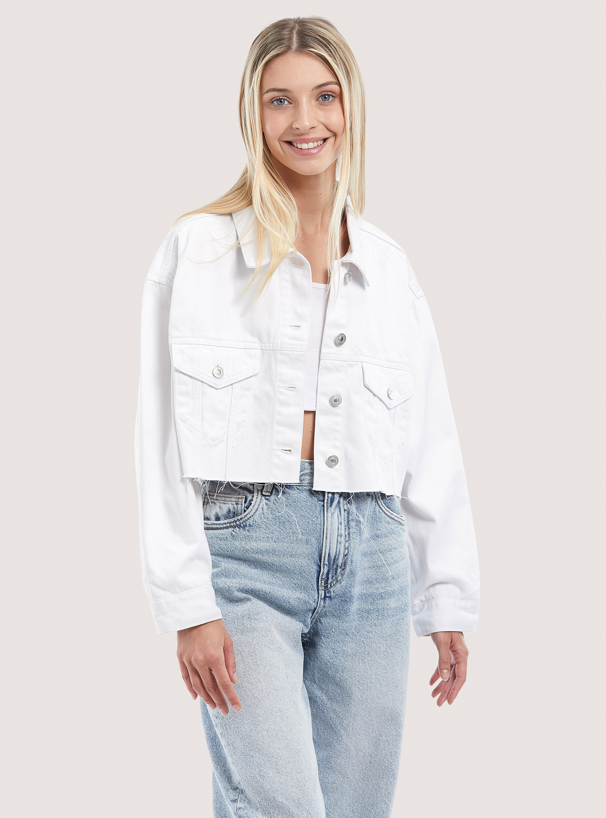 Raw cut denim cropped jacket, WHITE