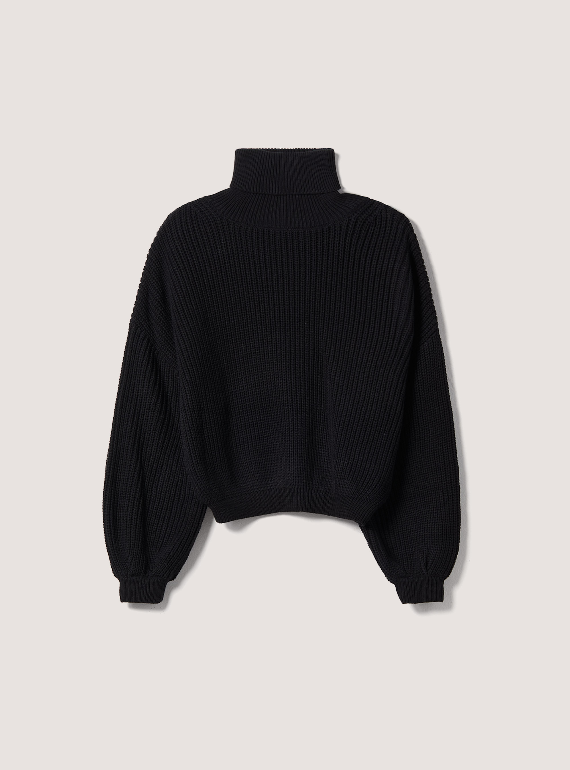High-necked comfort fit English rib pullover, BLACK